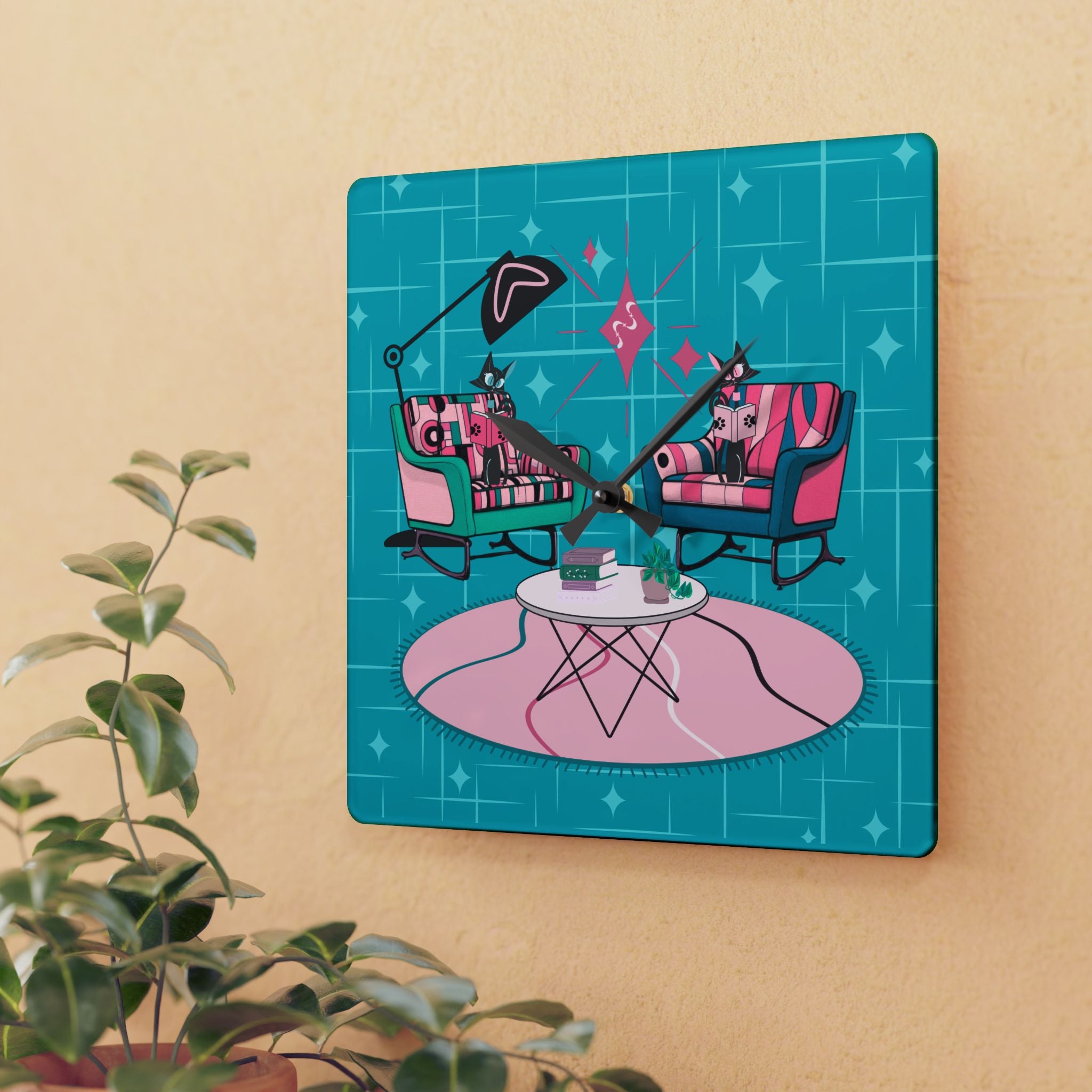 Atomic Reading Cats, Kitschy Mod Quirky Retro Modern Acrylic Wall Clock - Mid Century Modern Gal