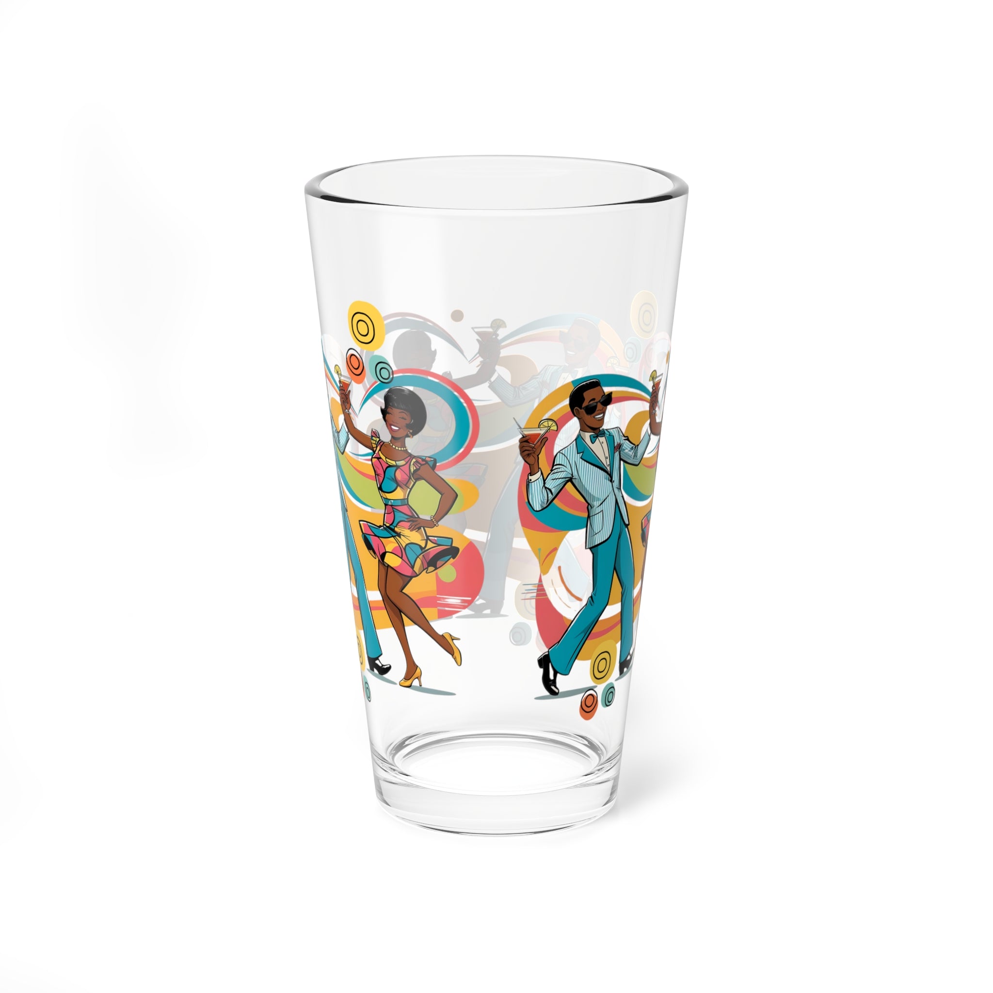 Mid Century Modern Barware, Black Couple, Retro Cocktail Mixing Glass - 16oz with Vibrant Dance Design - Mid Century Modern Gal