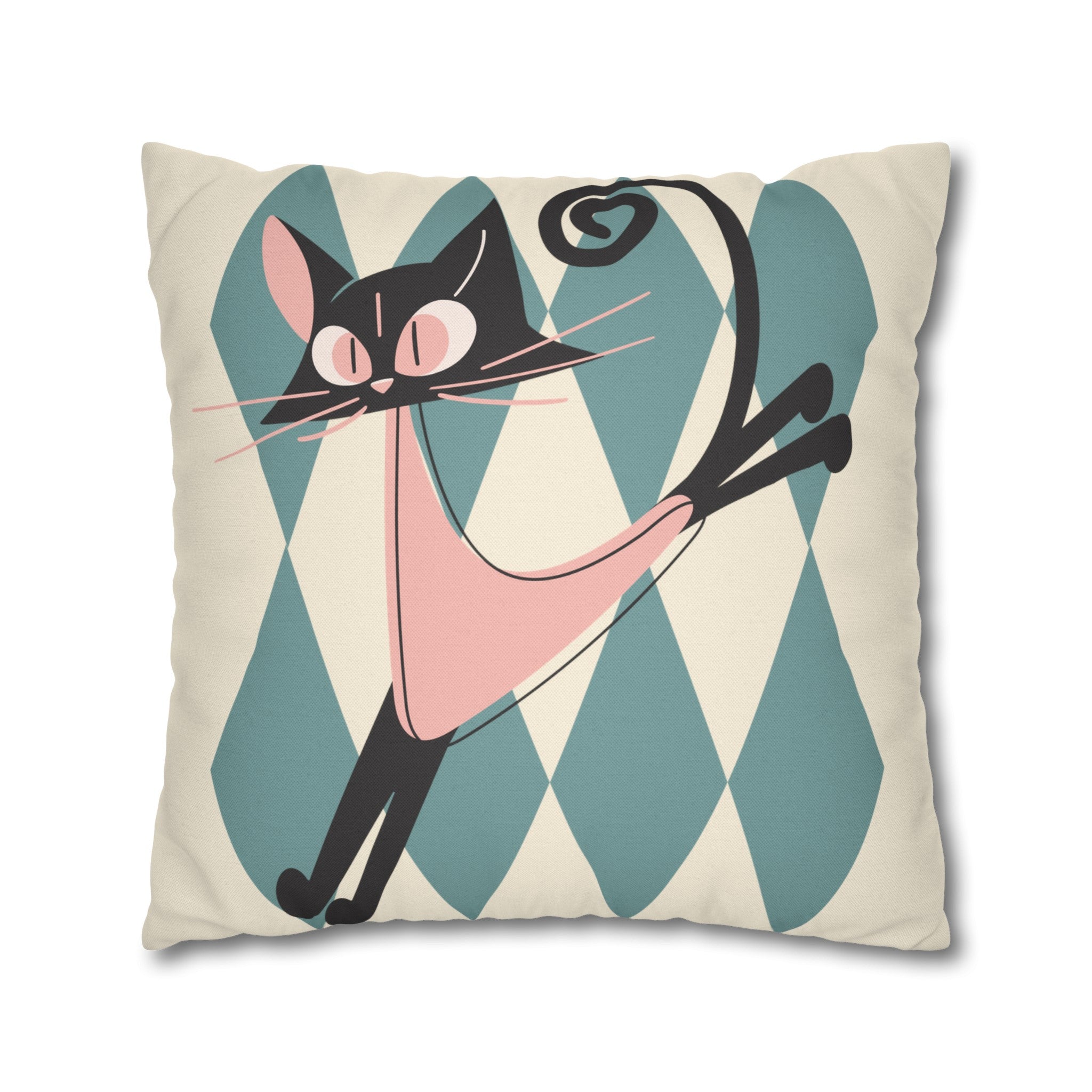 Atomic Kittie, Boomerang Mid Mod Atomic Cat, Harlequin Diamond Kitschy Pillow Cover - Mid Century Modern Gal