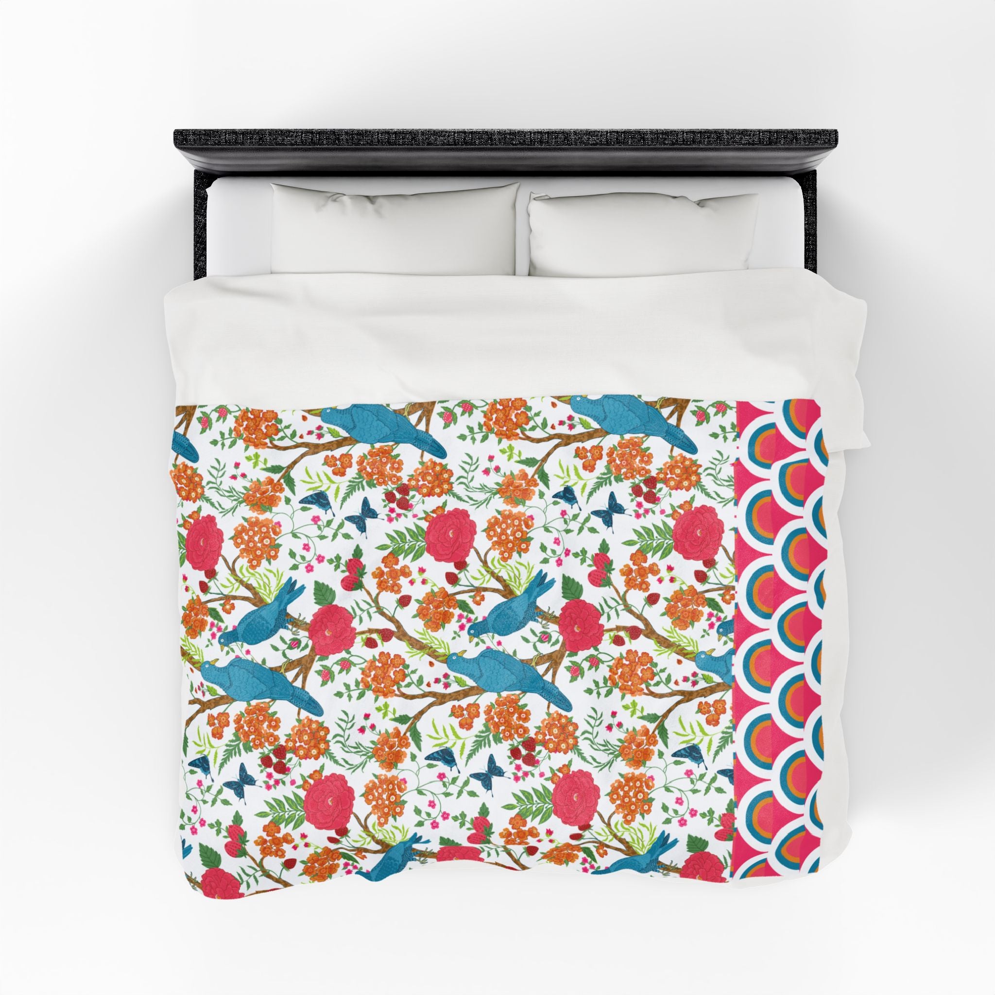 Chinoiserie Throw Blanket, Blue Pink, Birds Tropical Floral Velveteen Plush Blanket - Cozy Decor for Home - Mid Century Modern Gal