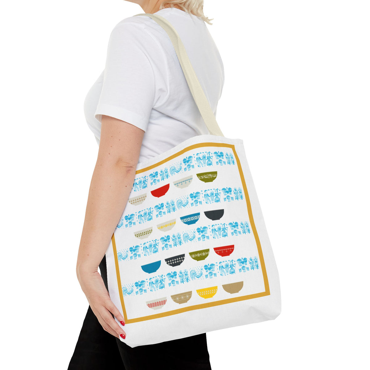 Vintage Pyrex-inspired tote bag featuring colorful bowl designs, perfect for collectors and retro enthusiasts.