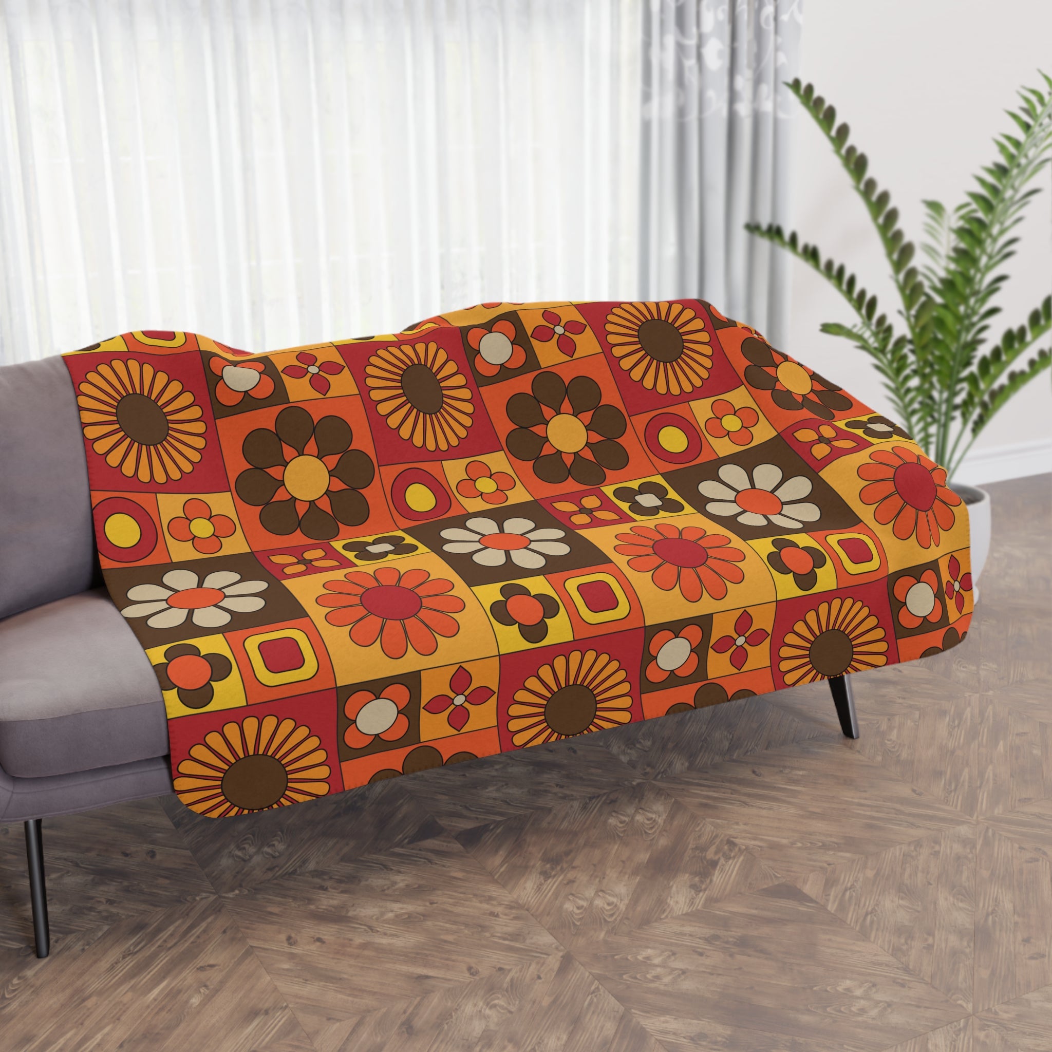 Retro Floral Boho Vibes, Orange, Yellow Brown Groovy Mod Tan Sherpa Blanket - Cozy Throw for Home Decor & Gifting - Mid Century Modern Gal