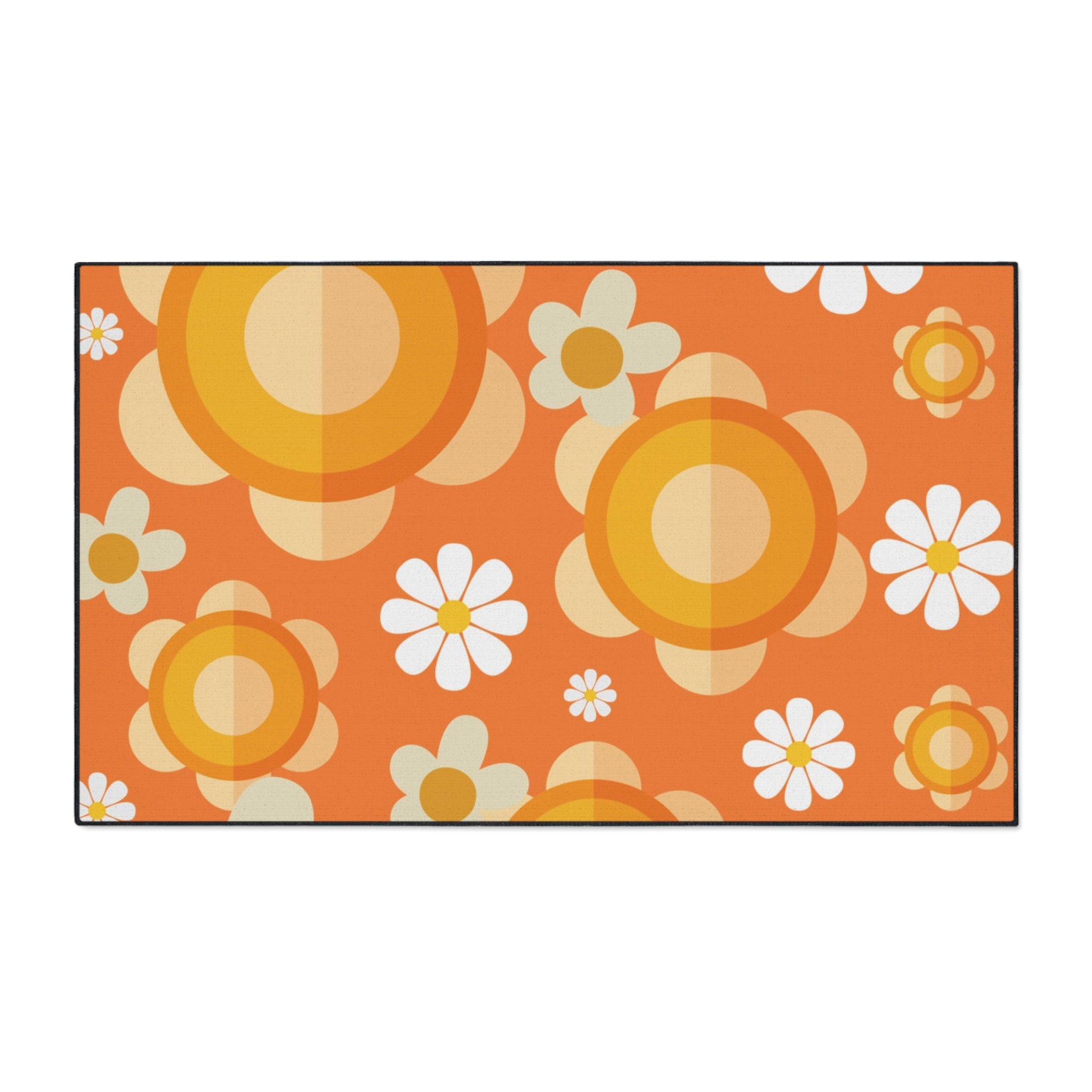 Retro Floral Orange, White Mod Daisy Heavy Duty Floor Mat - Ideal for Home Décor and Entryways - Mid Century Modern Gal