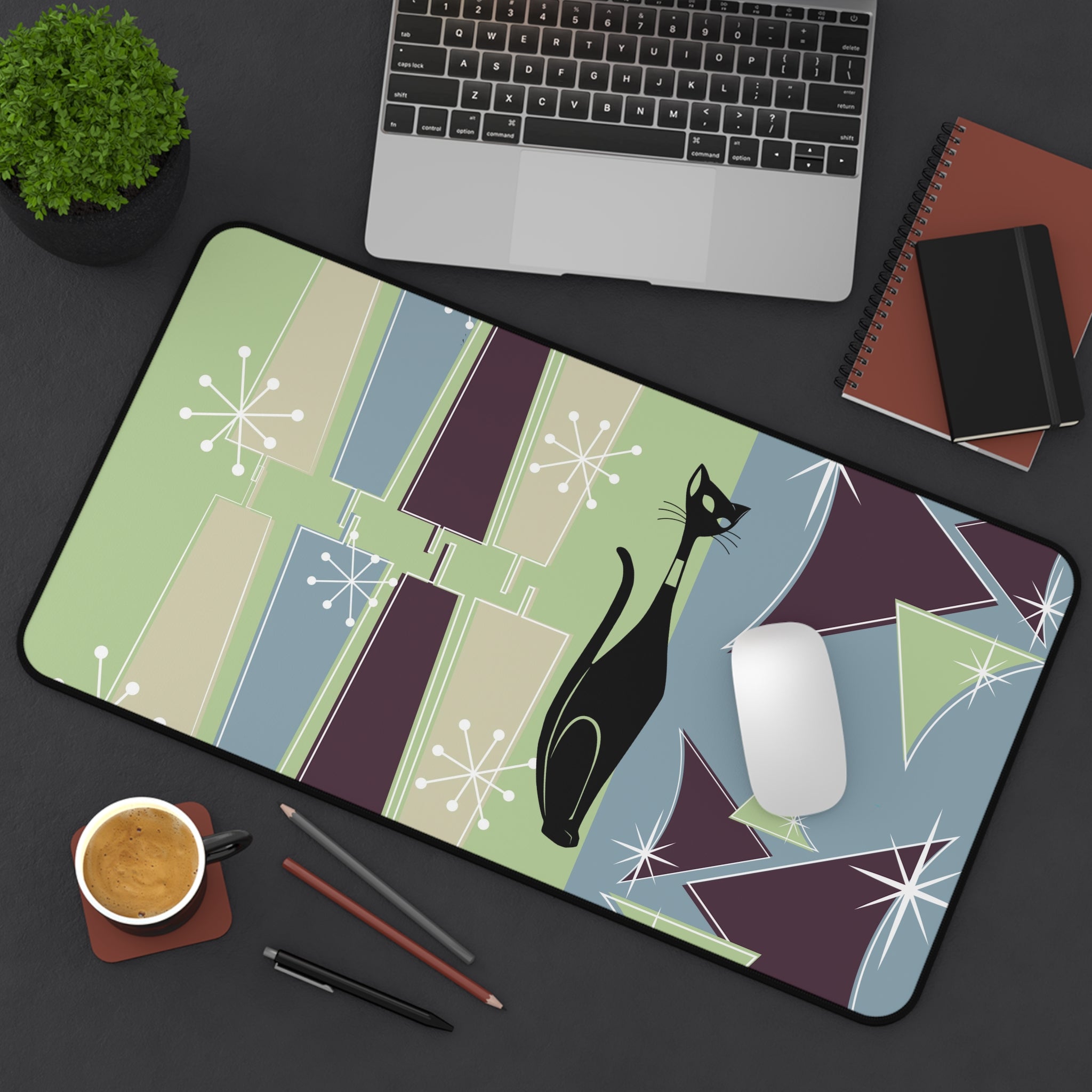 Mid Century Modern, Atomic Cat, Green, Blue, Purple, Starburst Retro MCM Desk Mat - Mid Century Modern Gal