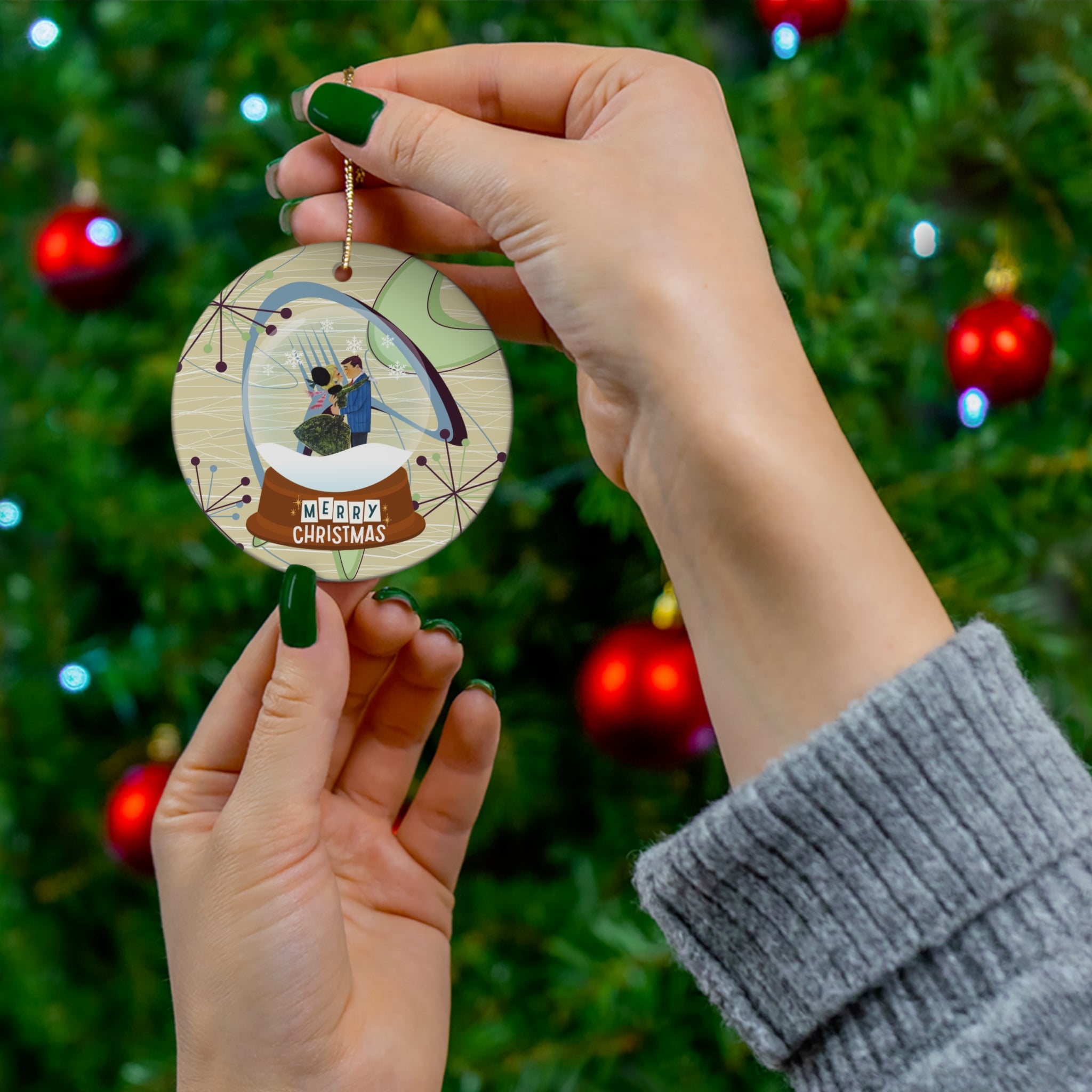 Mid Century Modern Designed Snow Globe, Kitschy Christmas Cermaic Ornament - Mid Century Modern Gal