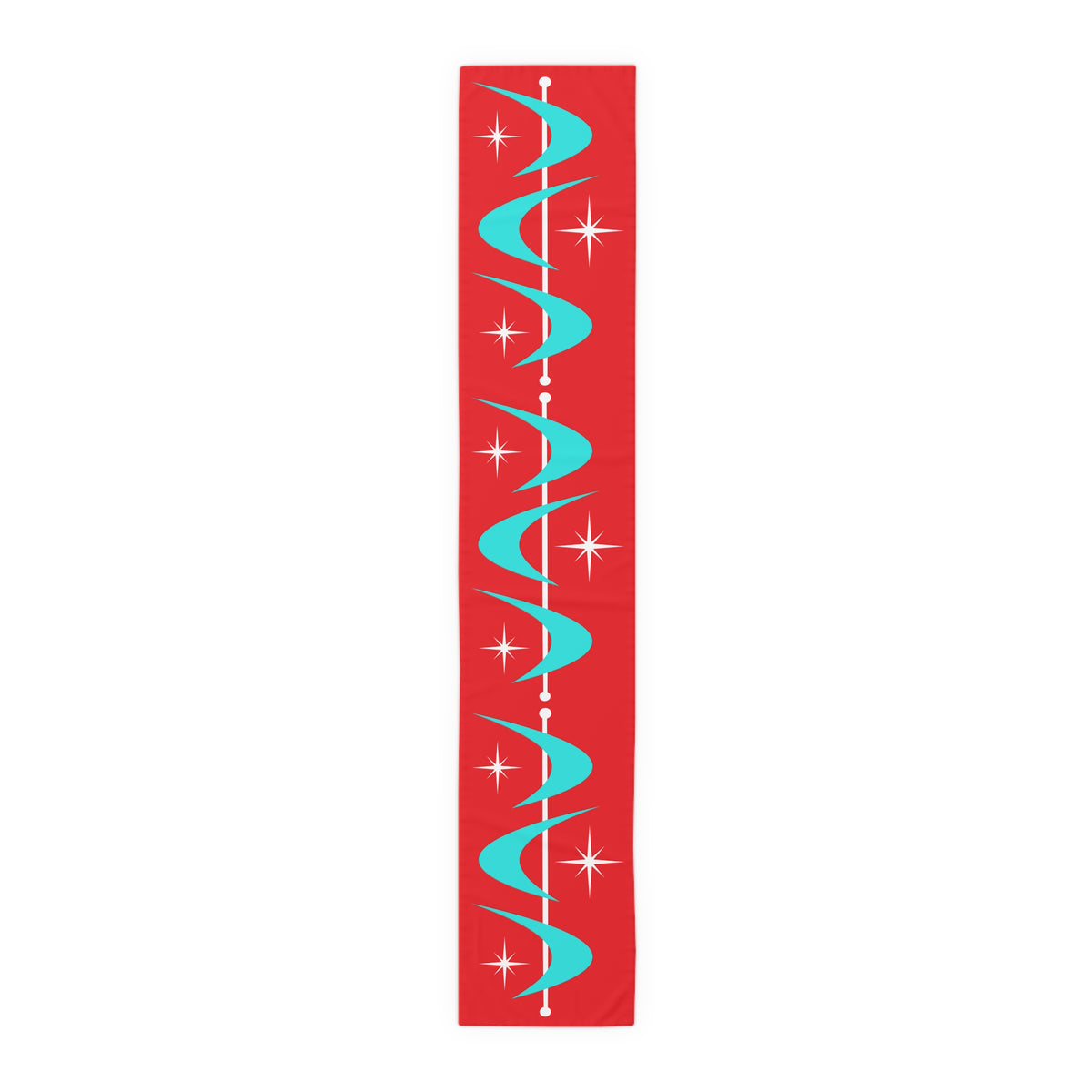 Retro Christmas Red Atomic Boomerang Mid Century Modern Aqua Blue, White Star Burst Table Runner - Mid Century Modern Gal