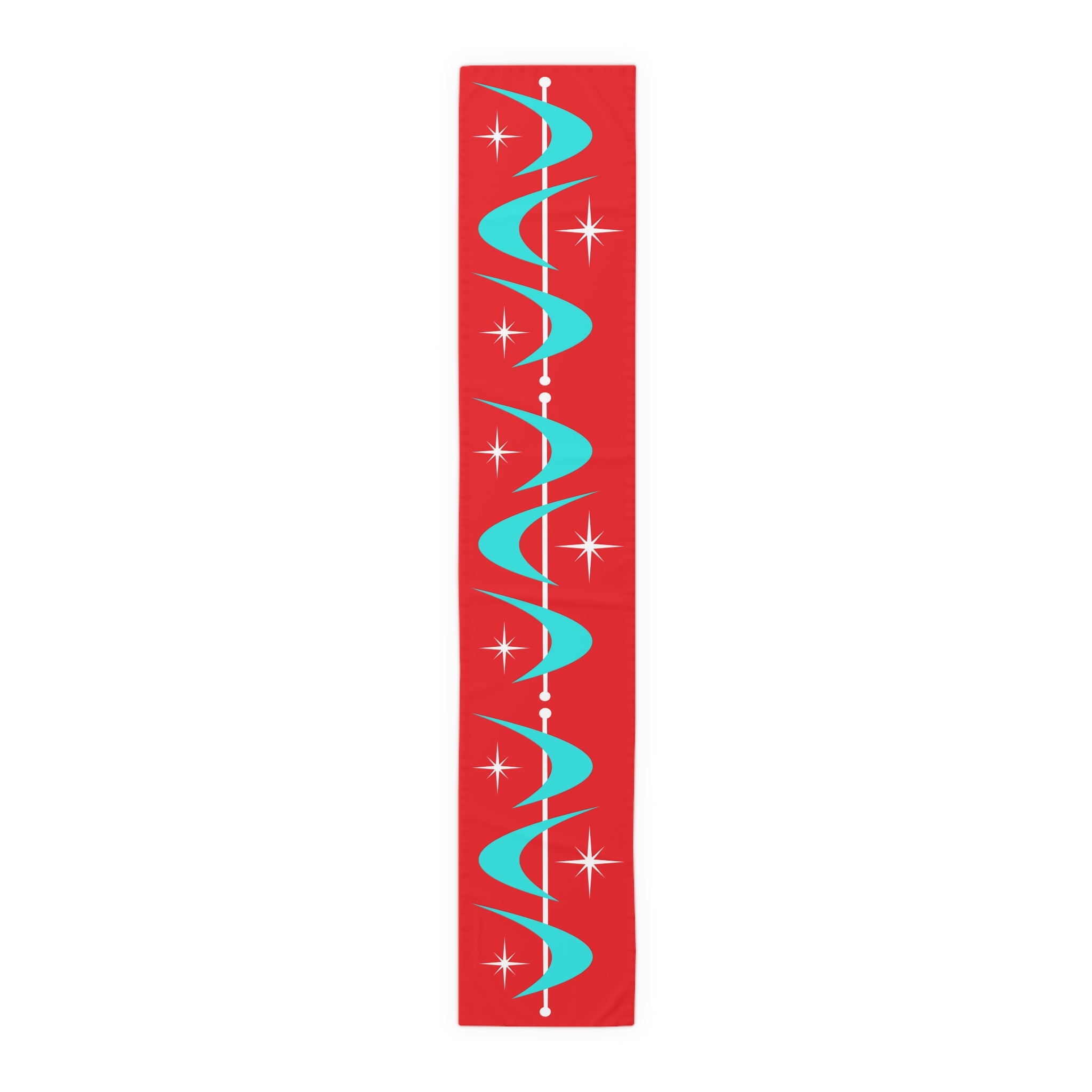 Retro Christmas Red Atomic Boomerang Mid Century Modern Aqua Blue, White Star Burst Table Runner - Mid Century Modern Gal