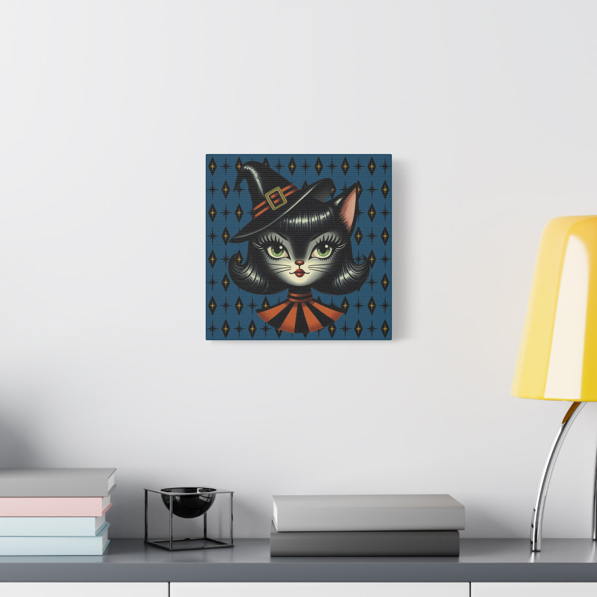 Vintage Halloween Black Cat Sexy Sexton Mid Century Modern Blue Matte Stretched Canvas Wall Art - Mid Century Modern Gal