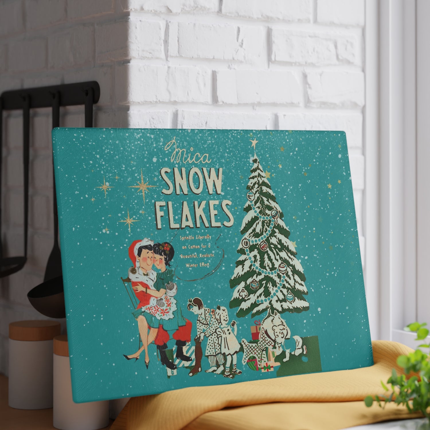 Mid Century Modern Christmas Kitsch,  50s Inspired Mica Snow Cheesboard Glass Cutting Board - Mid Century Modern Gal