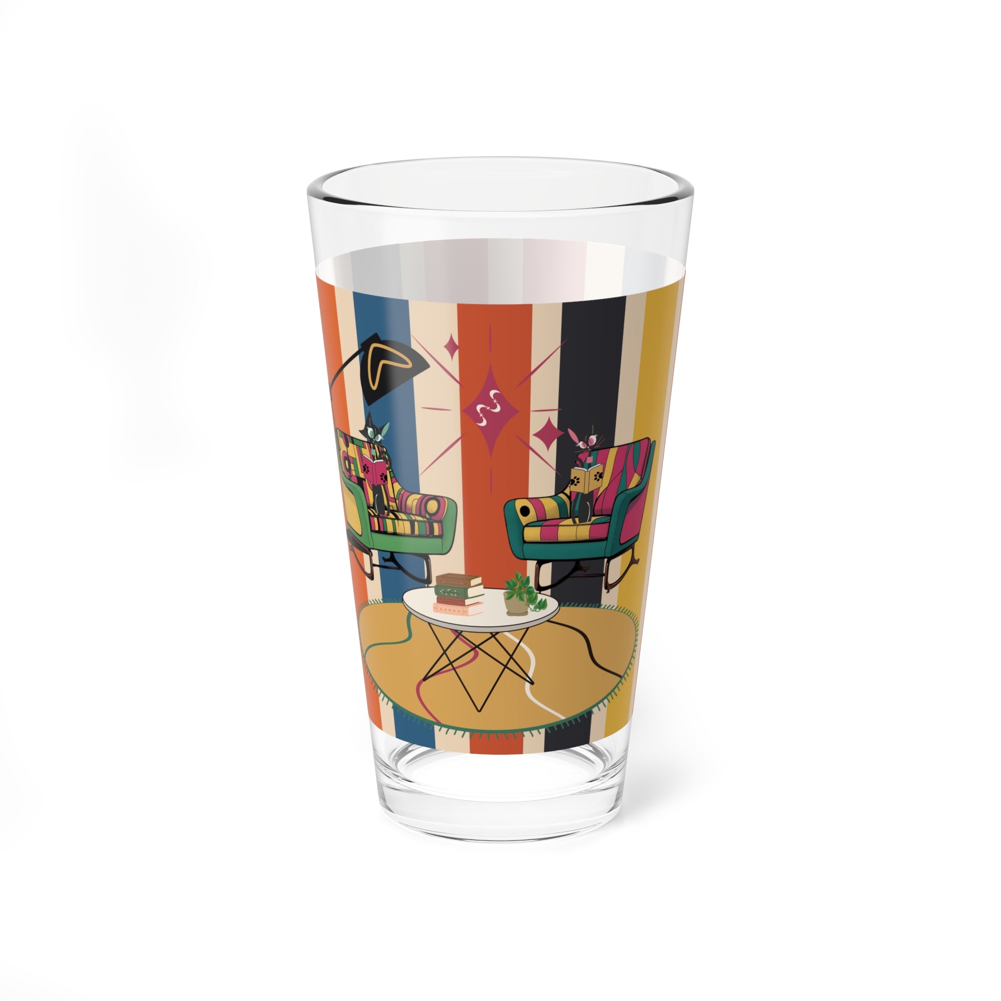 Atomic Kitschy Cats, Book Lover, Book Club Colorful Retro Glass - Vibrant Drinkware for Home Entertaining - Mid Century Modern Gal