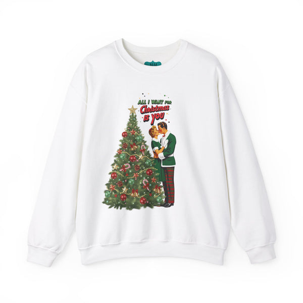 Mid Century Modern Christmas 50s Retro Kitschy Vintgage Holiday Love Crewneck Sweatshirt - "All I Want for Christmas Is You"