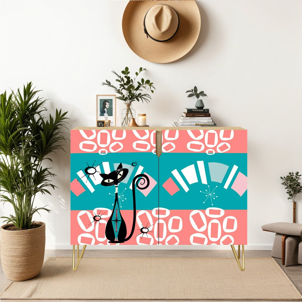 Mid Century Modern Side Board Credenza, Coral, Teal Atomic Age Wooden Storage Cabinet - Mid Century Modern Gal