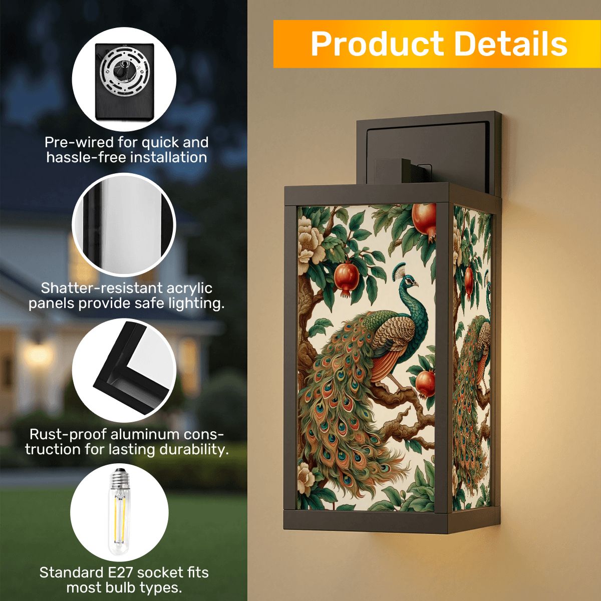 Chinoiserie Peacock Pomegrante Floral Outdoor, Indoor Bathroom, Entry Patio Wall Light - Mid Century Modern Gal