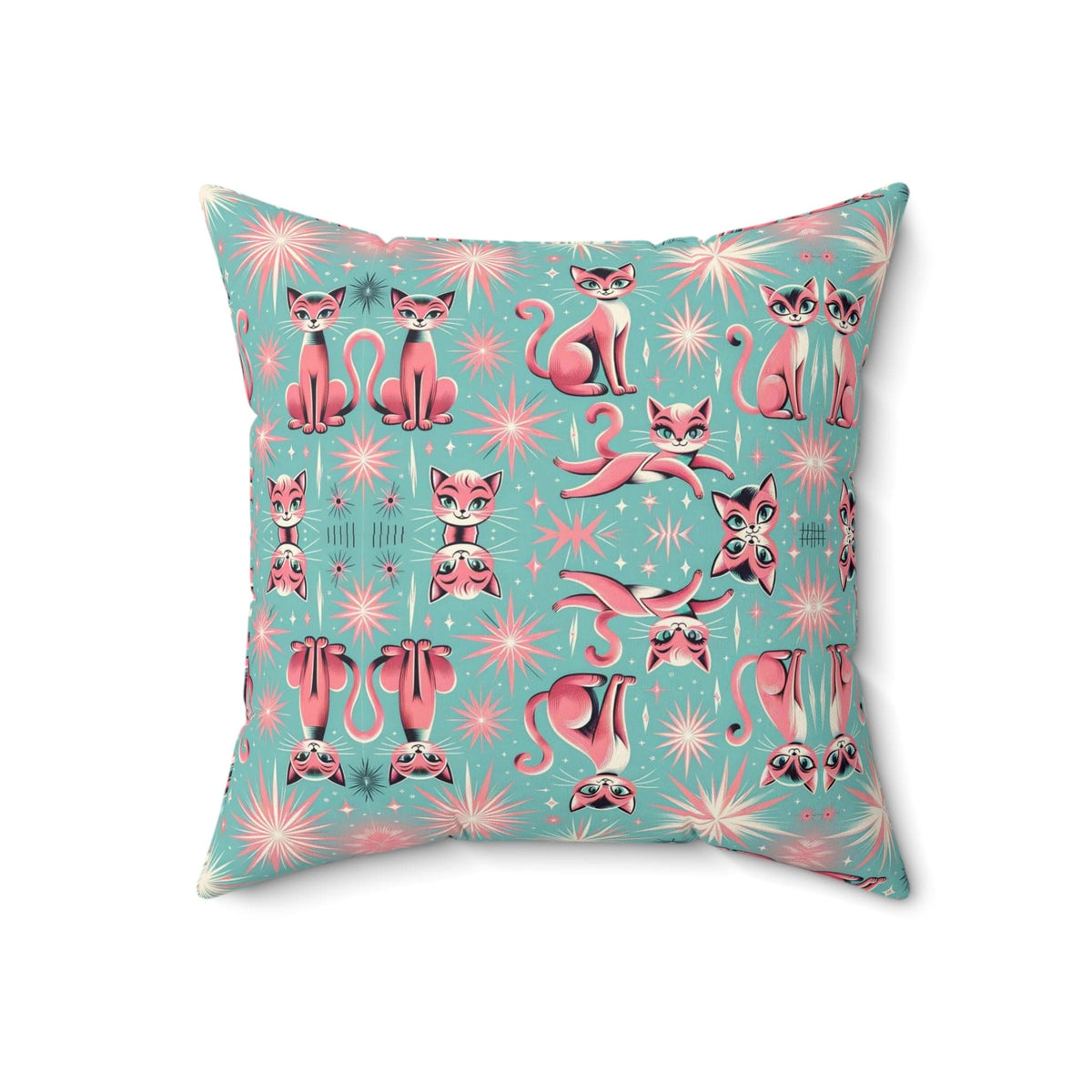 1950's Pink Kitty Cats, Quirky Kitschy Aqua Blue, Pink, MCM Pillow And Cover Home Decor 18" × 18"