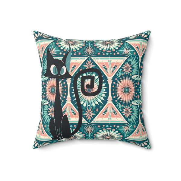 Atomic Cat Pillow, Atomic 50s Pink, Teal, Cosmo, Martini Lover, Kitschy Quirky Fun Mid Century Modern Pillow And Insert