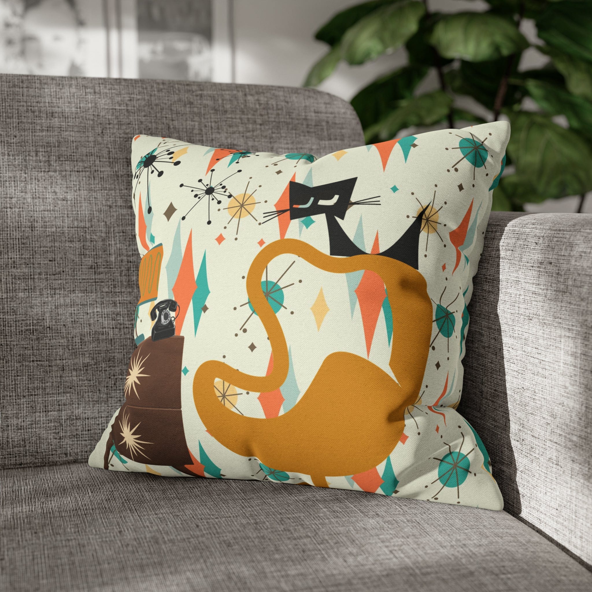 Atomic Cat Pillow, Mid Century Modern Franciscan Diamond, Starburst Patter, Retro Groovy PILLOW Cover Only Home Decor 18" × 18"