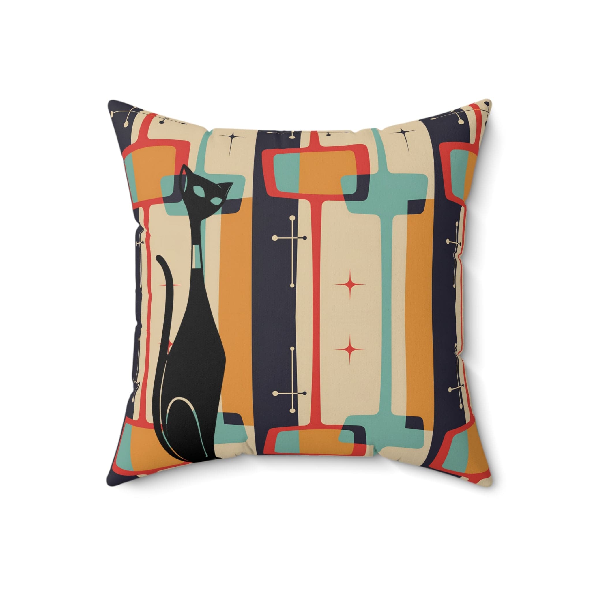 Atomic Cat Pillow, Mid Century Modern Geometric, Charcoal Gray, Burnt Orange, Yellow, Funky Retro Pillow Home Decor 18" × 18"