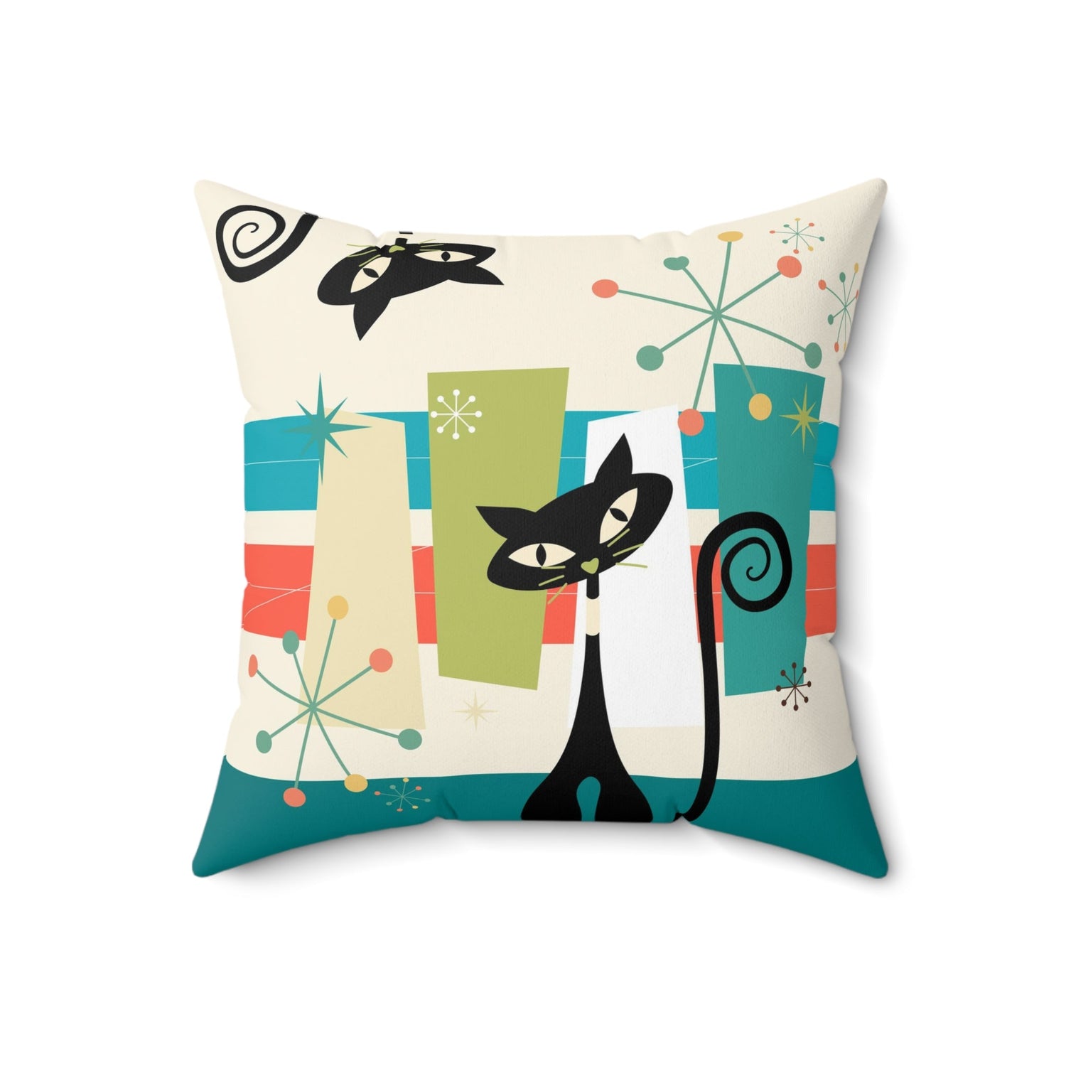 Atomic Kitties, Kitschy Mid Century Modern Funky Fun Pillow And Insert Home Decor 18" × 18"