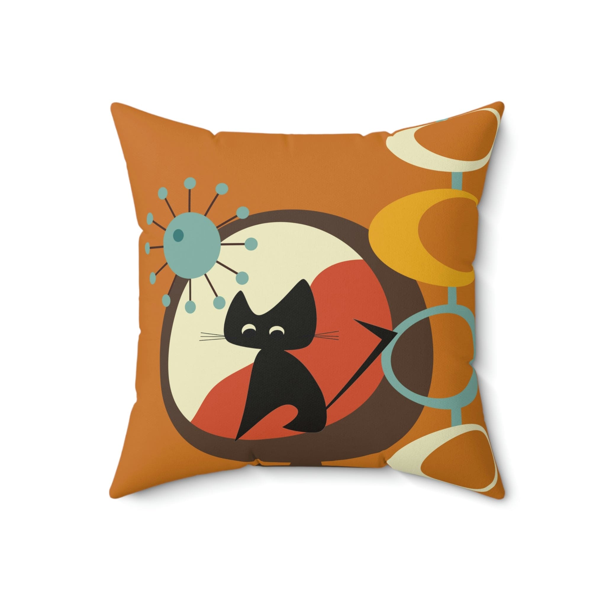 Atomic Space Cat, Mid Century Modern Carmel Brown, Retro Starburst Square Pillow Home Decor 18" × 18"