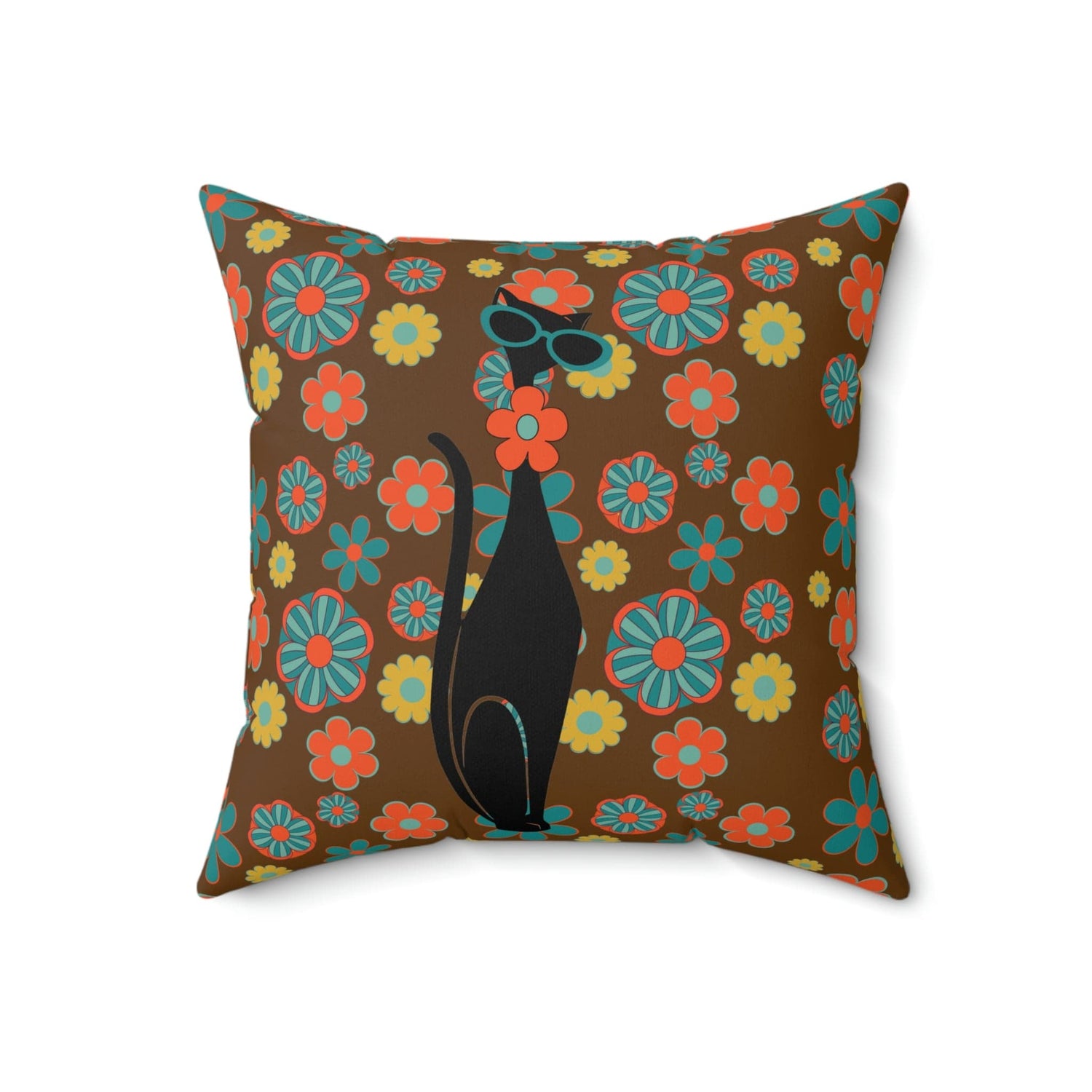 Flower Power, Groovy Atomic Hippie Cat, Brown, Orange, Teal Yellow Retro Square Pillow Home Decor 18" × 18"