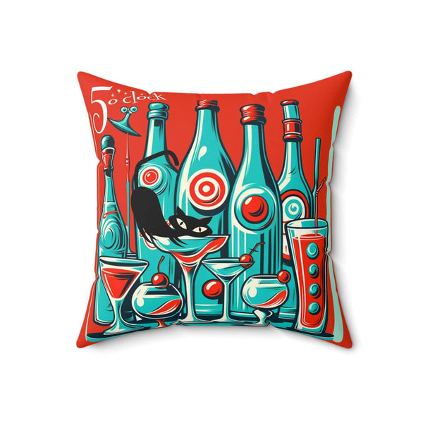 It's 5'oclock Somewhere, Mid Century Modern 50s, 60s Cocktail Party, Red, Aqua Pillow And Insert With Atomic Cat