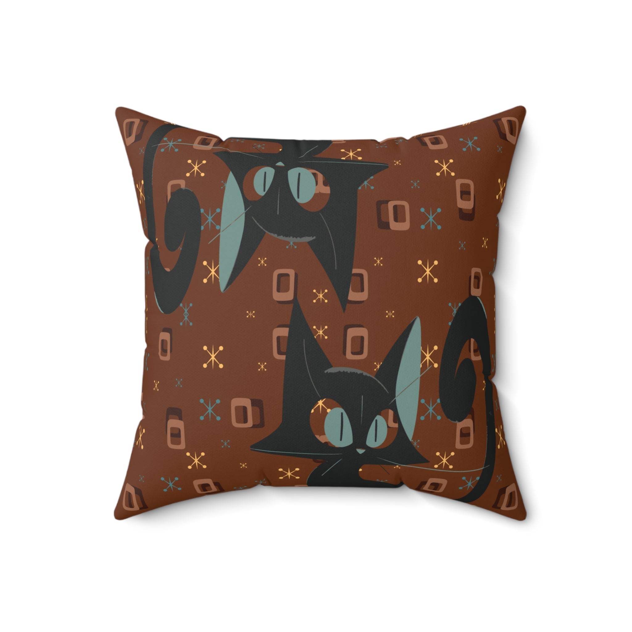 Mid Century Modern Atomic Space Kitty Cat, Kitschy Retro Brown, Geometric, Starbursts, MCM Pillow And Insert Home Decor 18" × 18"