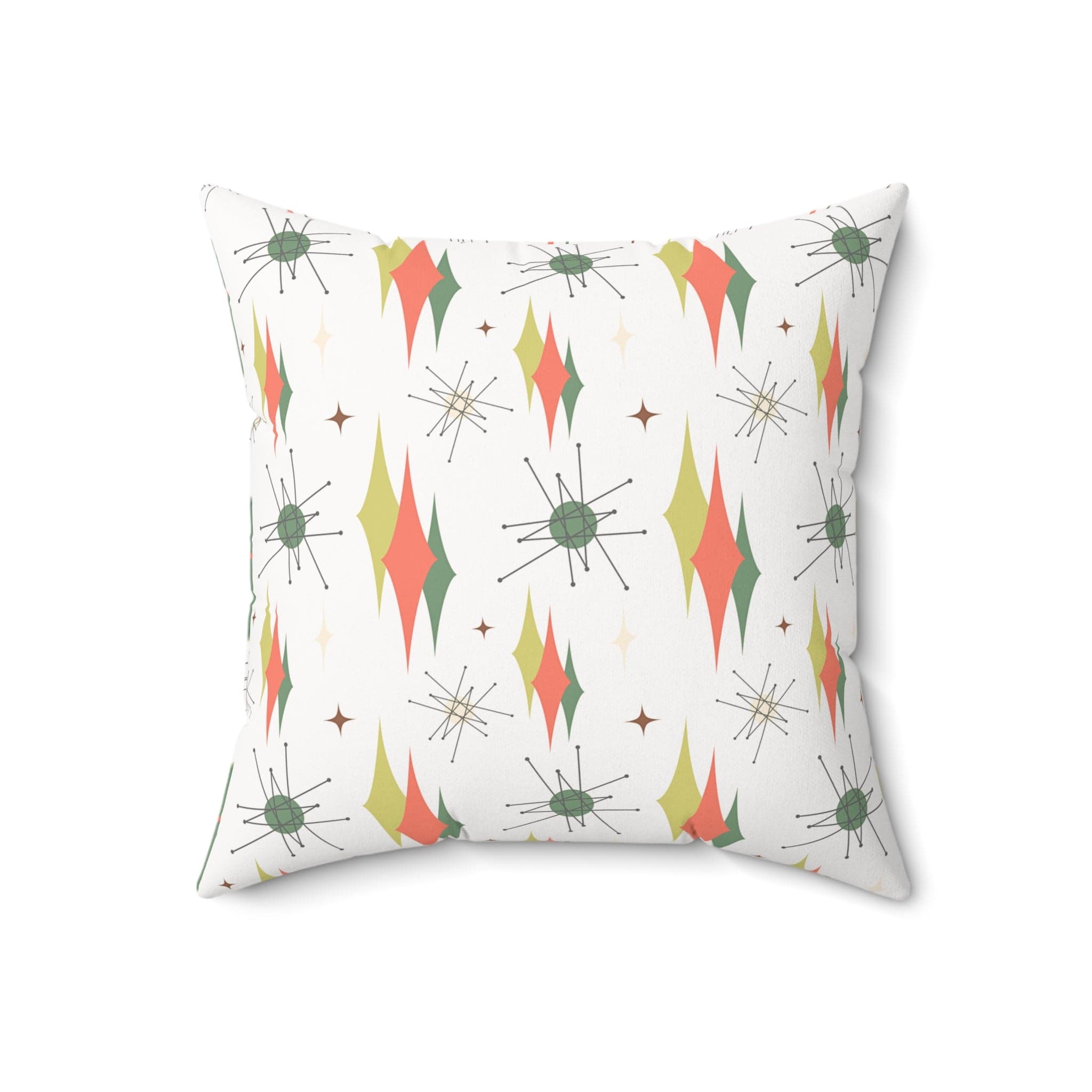 Mid Century Modern Atomic Starbursts, Franciscan Pattern, Orange, Green, Pillow And Insert Home Decor 18" × 18"