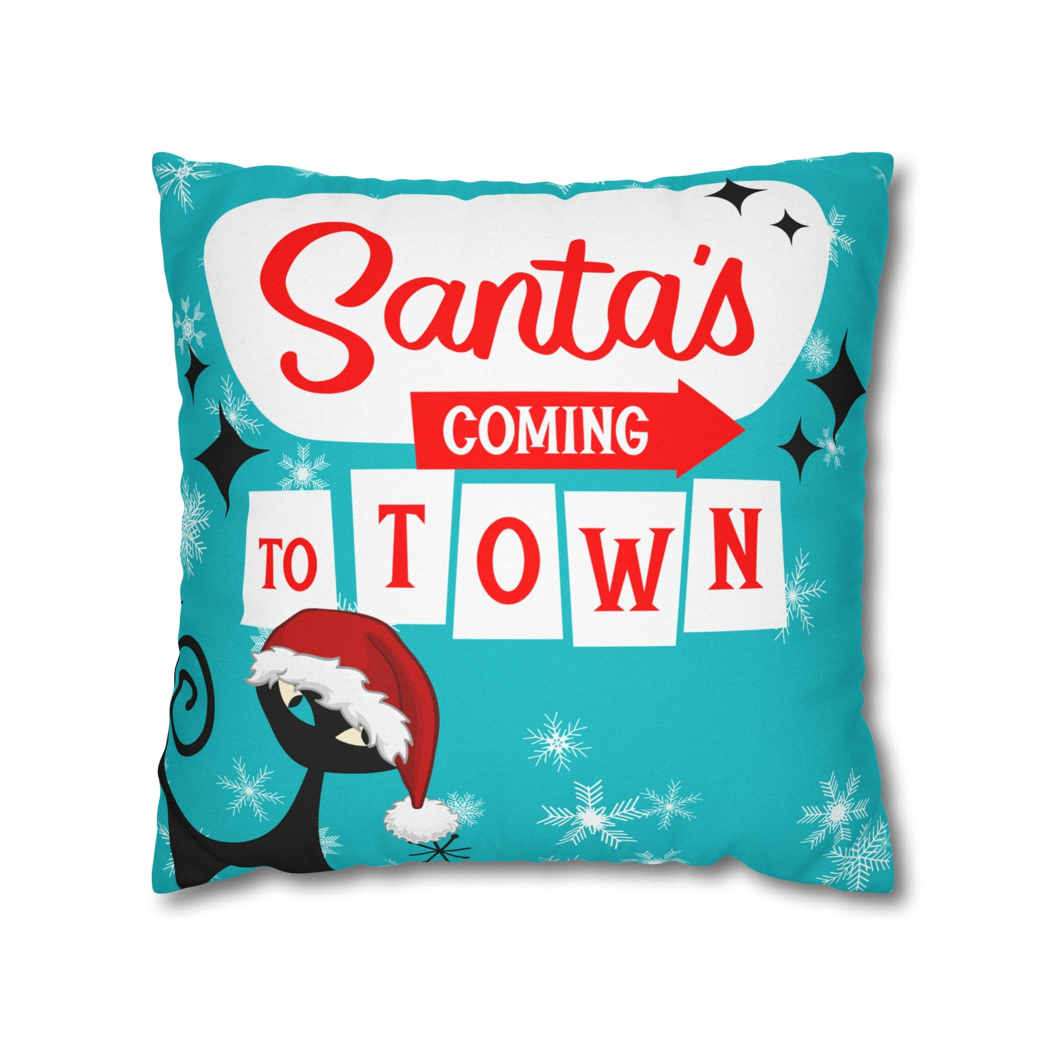 Mid Century Modern Chrismas Pillow Cover, Atomic Kitschy Cat, Snowflakes Pillow Cover, Aqua Blue Holiday MCM Pillow Case Cusion Covers Home Decor 18" × 18"