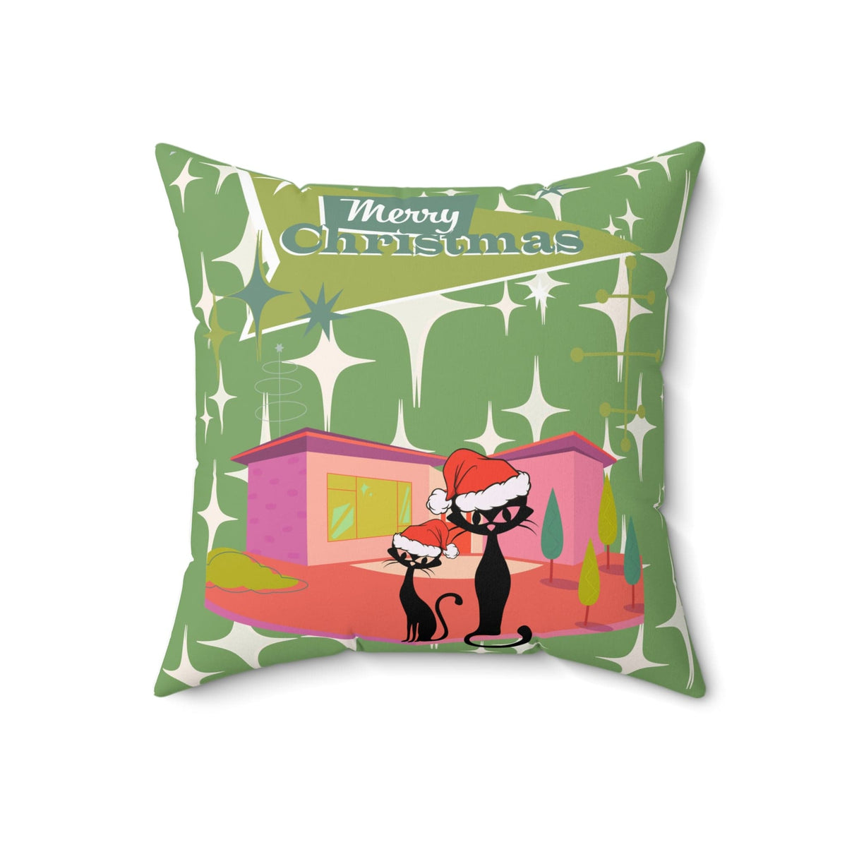 Mid Century Modern Christmas Atomic Cat, Kitschy 50's Christmas Home Decor Green Starburst Spun Polyester Square Pillow Home Decor 18" × 18"