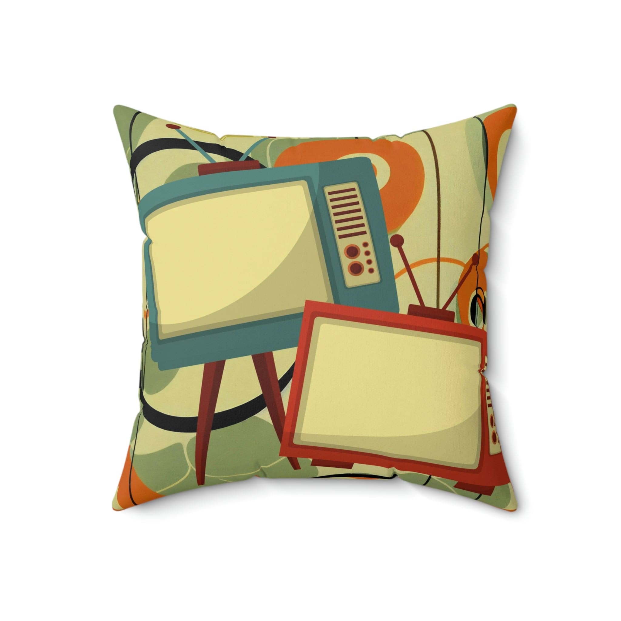 Mid Century Modern, Fun, Green, Orange Mod TV, Retro Square Pillow Home Decor 18" × 18"