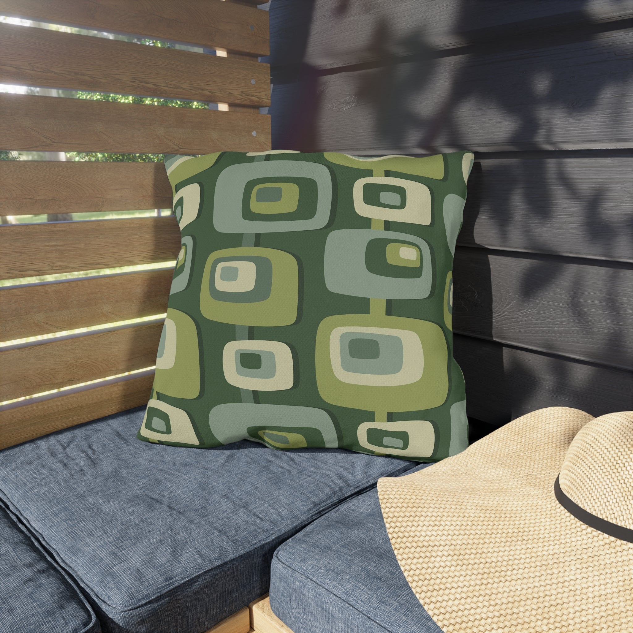 Mid Century Modern Geometric Green, Beige, Googie Designed Outdoor Pillows Home Decor 18" × 18"
