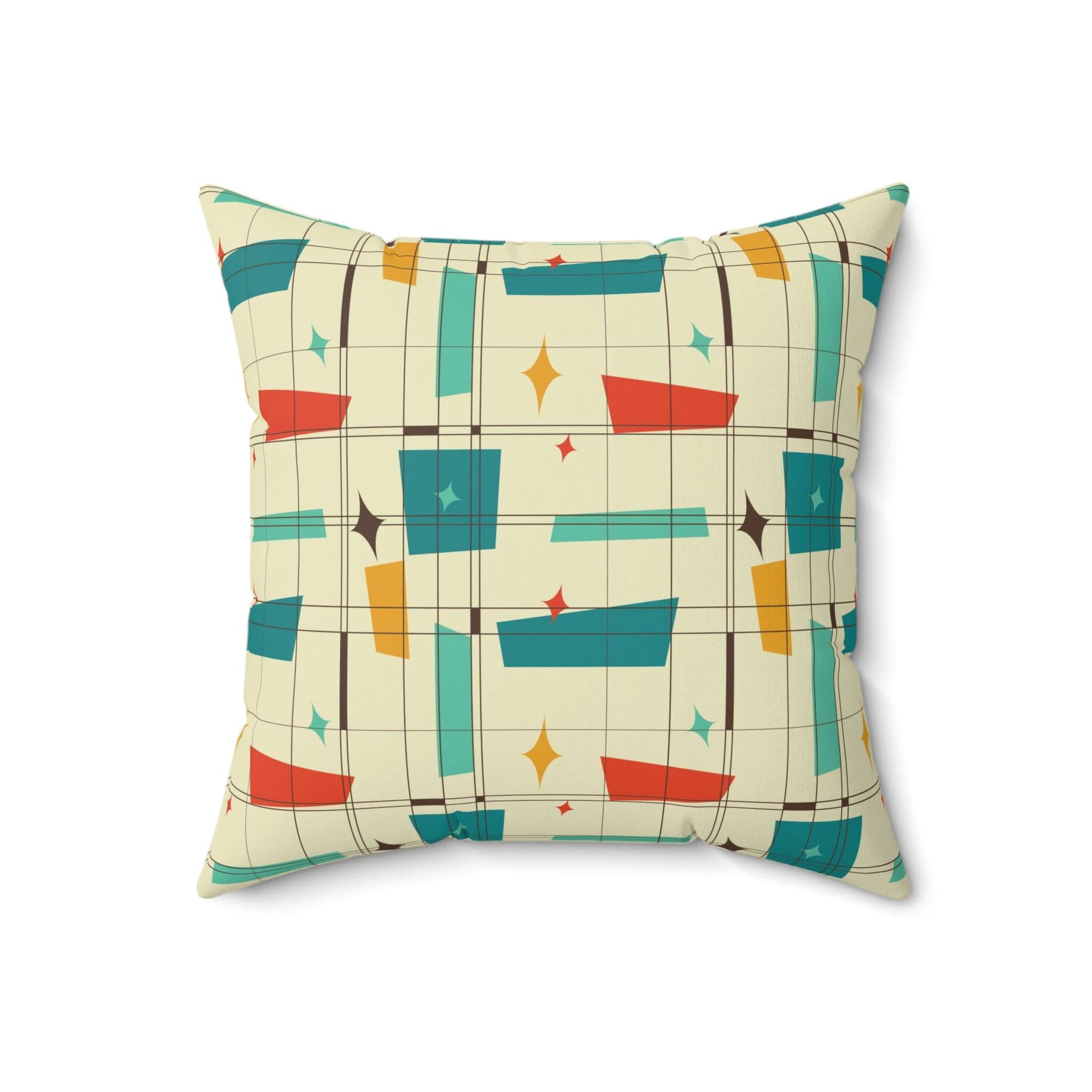 Mid Century Modern Geometric Squares, Mustard Yellow, Burnt Orange, Teal, MCM Pillow And Insert Home Decor 18" × 18"
