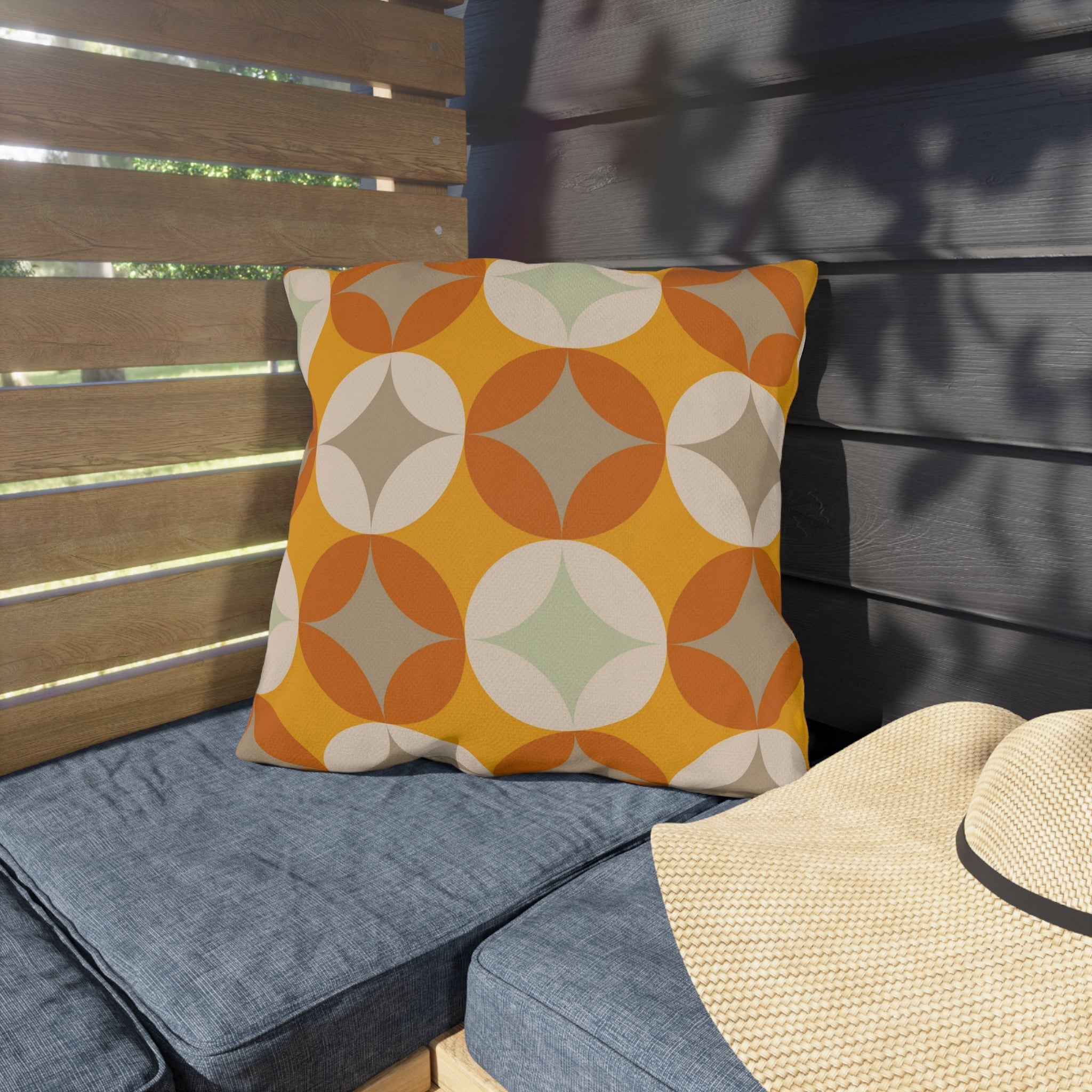 Mid Century Modern Outdoor Pillows, Mustard Yellow, Cream, Light Gray Starburst Pillow Home Decor 18" × 18"