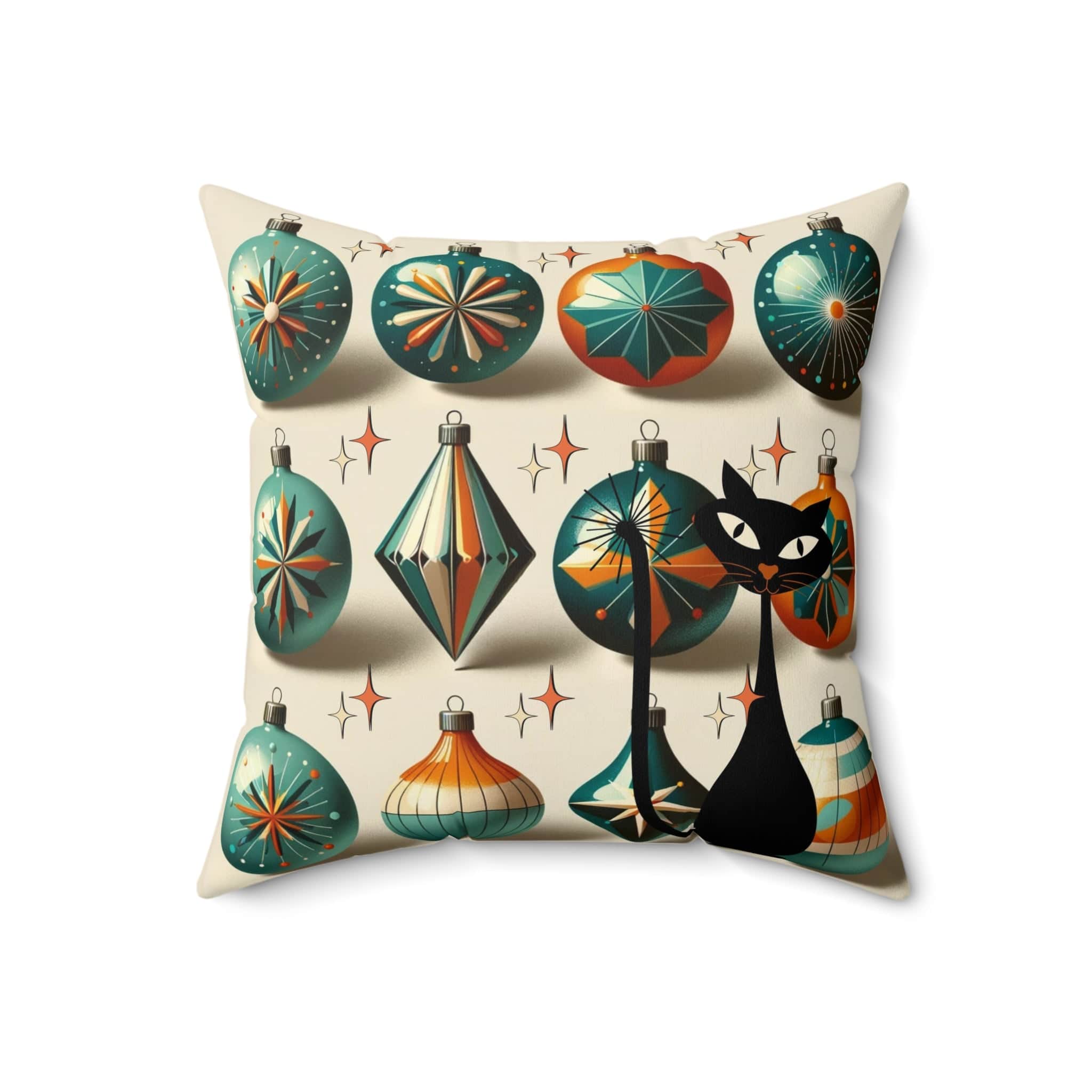 Mid Century Modern Shiny Brite, Atomic Cat, Retro Green, Orange, Retro Mod Pillow And Insert Home Decor 18" × 18"