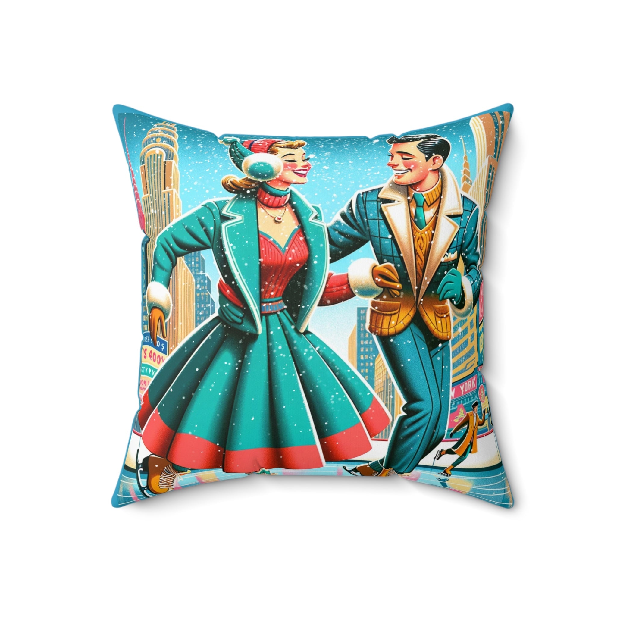 New York City Rockefeller Station Skate Rink, Retro Couple Winter Pillow And Insert Home Decor 18" × 18"