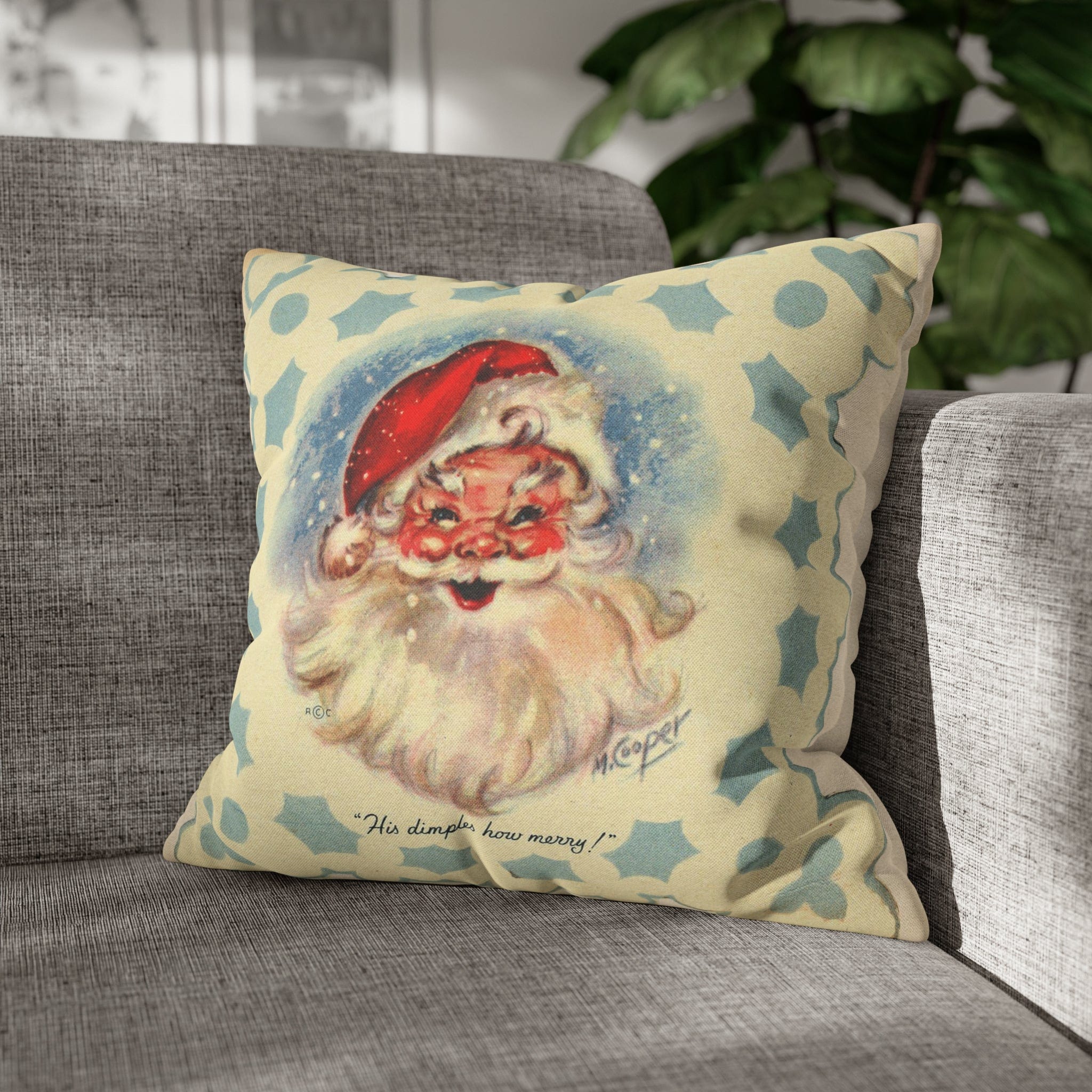 Vintage Santa, Christmas Snowflake, Smiling Santa Pillow Cover Home Decor 18" × 18"
