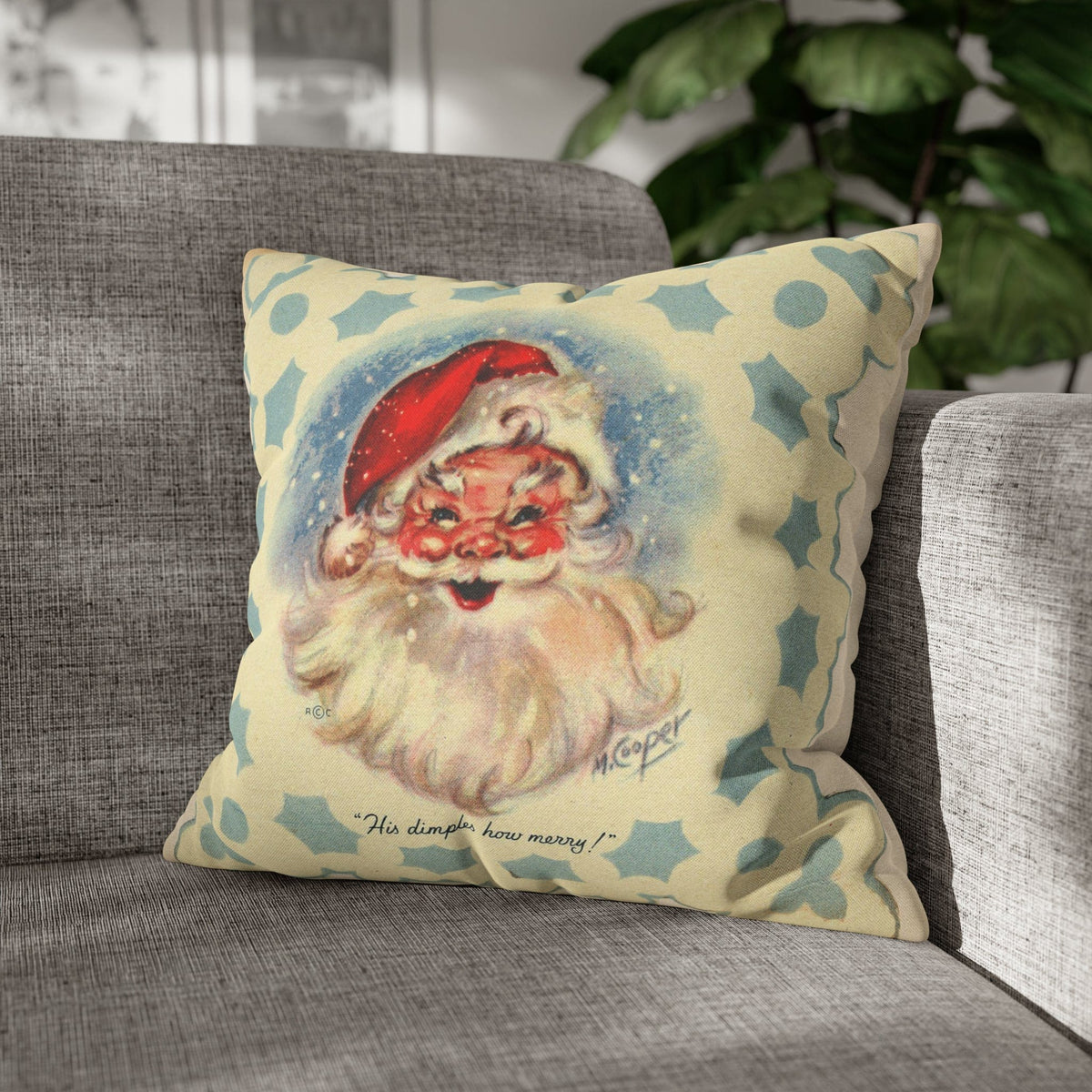 Vintage Santa, Christmas Snowflake, Smiling Santa Pillow Cover Home Decor 18" × 18"