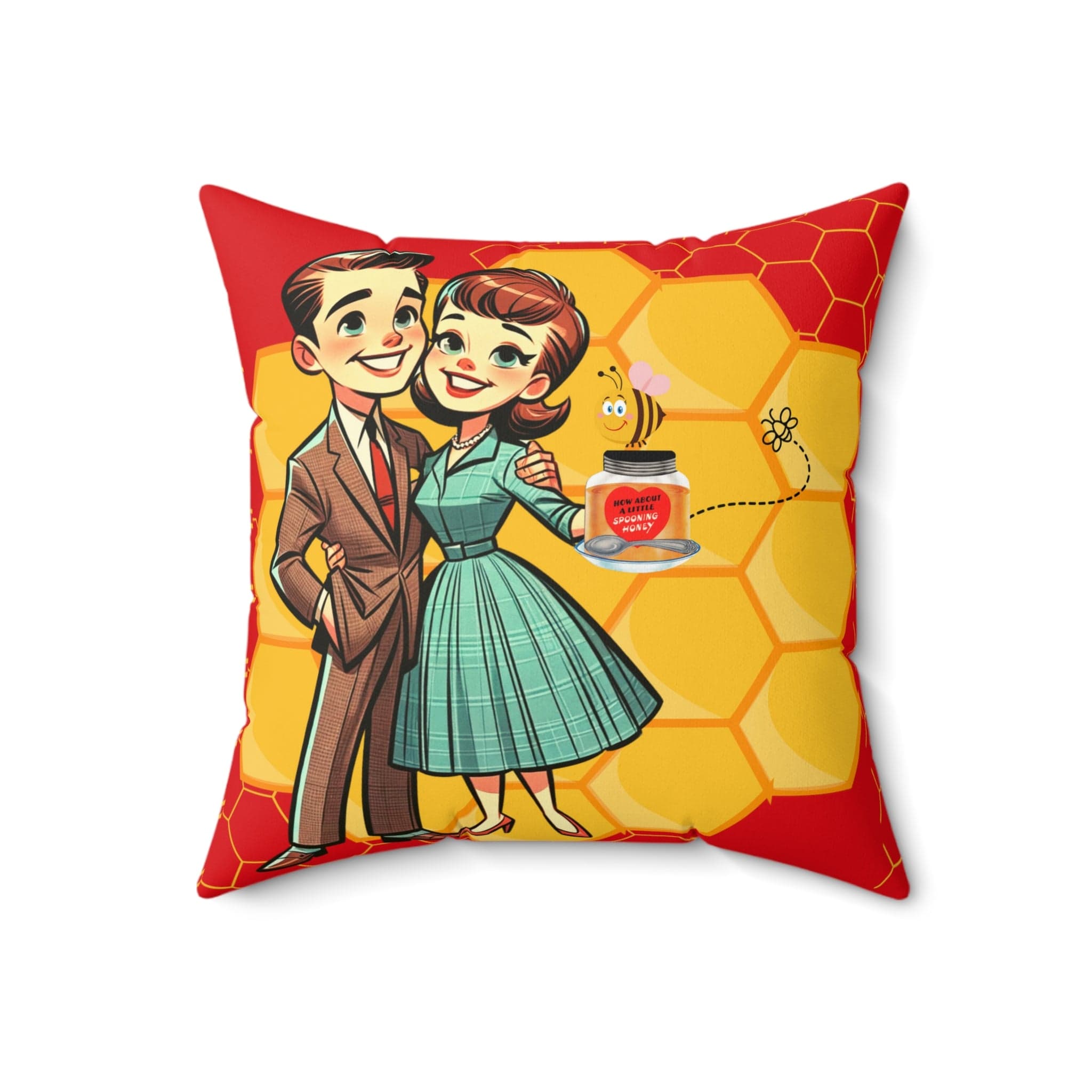 Vintage Valentine, 50s Mid Century Modern Kitschy Cute Couple, Bedroom, Livingroom Honeycomb Bee Love Honey Pillow And Insert Home Decor 18" × 18"