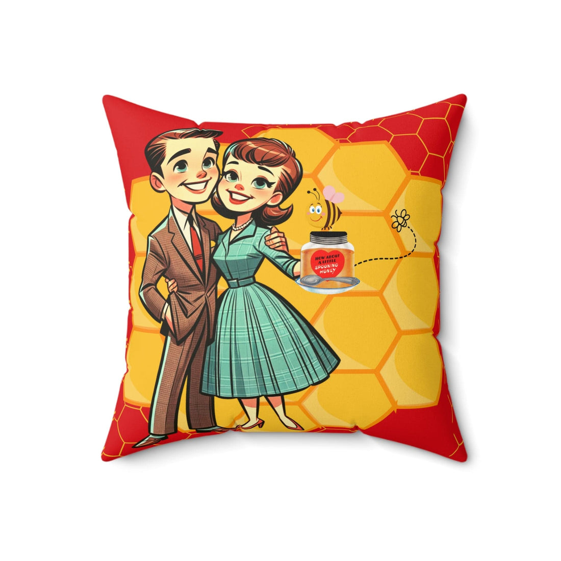 Vintage Valentine, 50s Mid Century Modern Kitschy Cute Couple, Bedroom, Livingroom Honeycomb Bee Love Honey Pillow And Insert Home Decor 18&quot; × 18&quot;