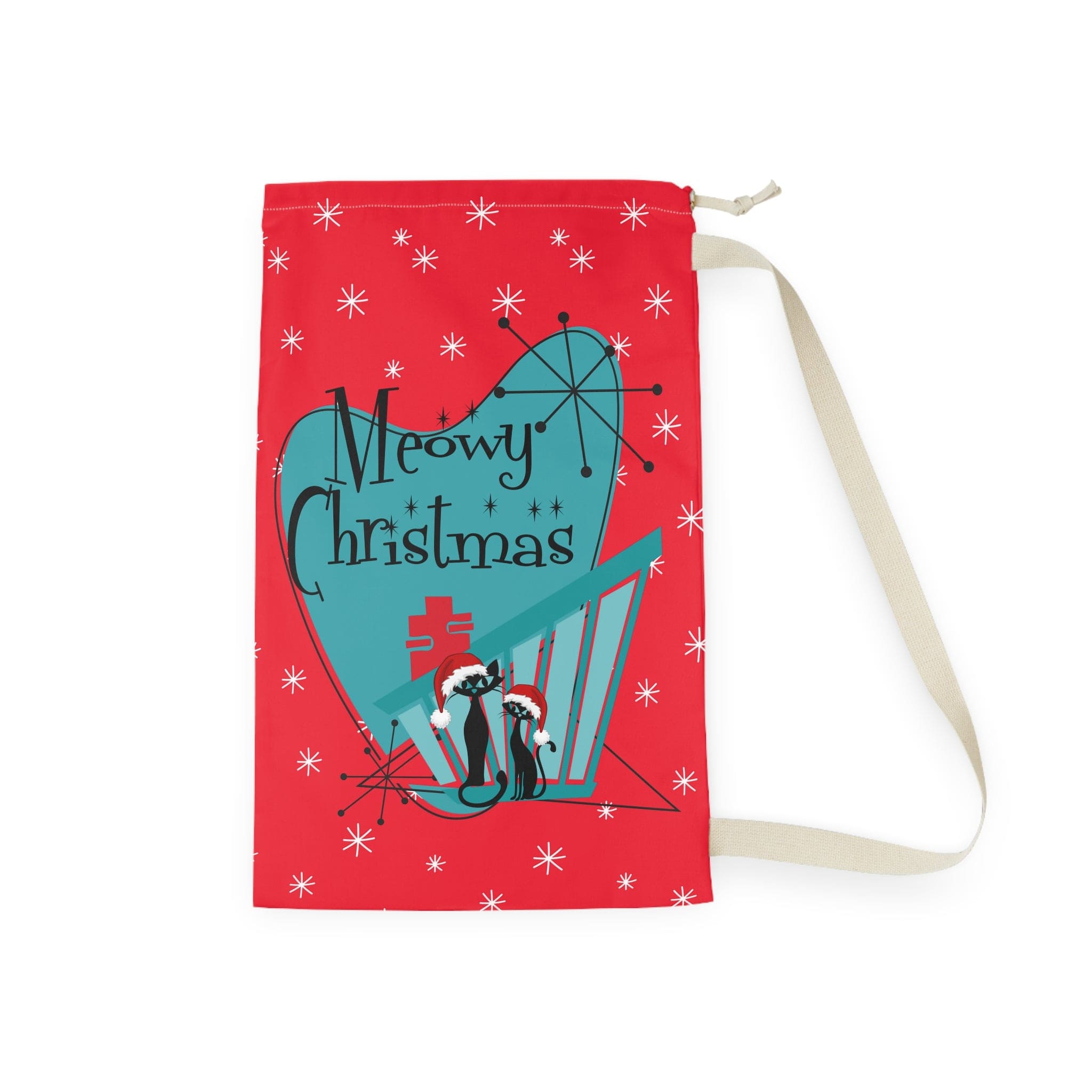 Mid Century Modern Christmas Bag Present Sack, Gift Sack, Atomic Cats, Meowy Christmas Red And Aqua Christmas Decor Home Decor 18" × 29"