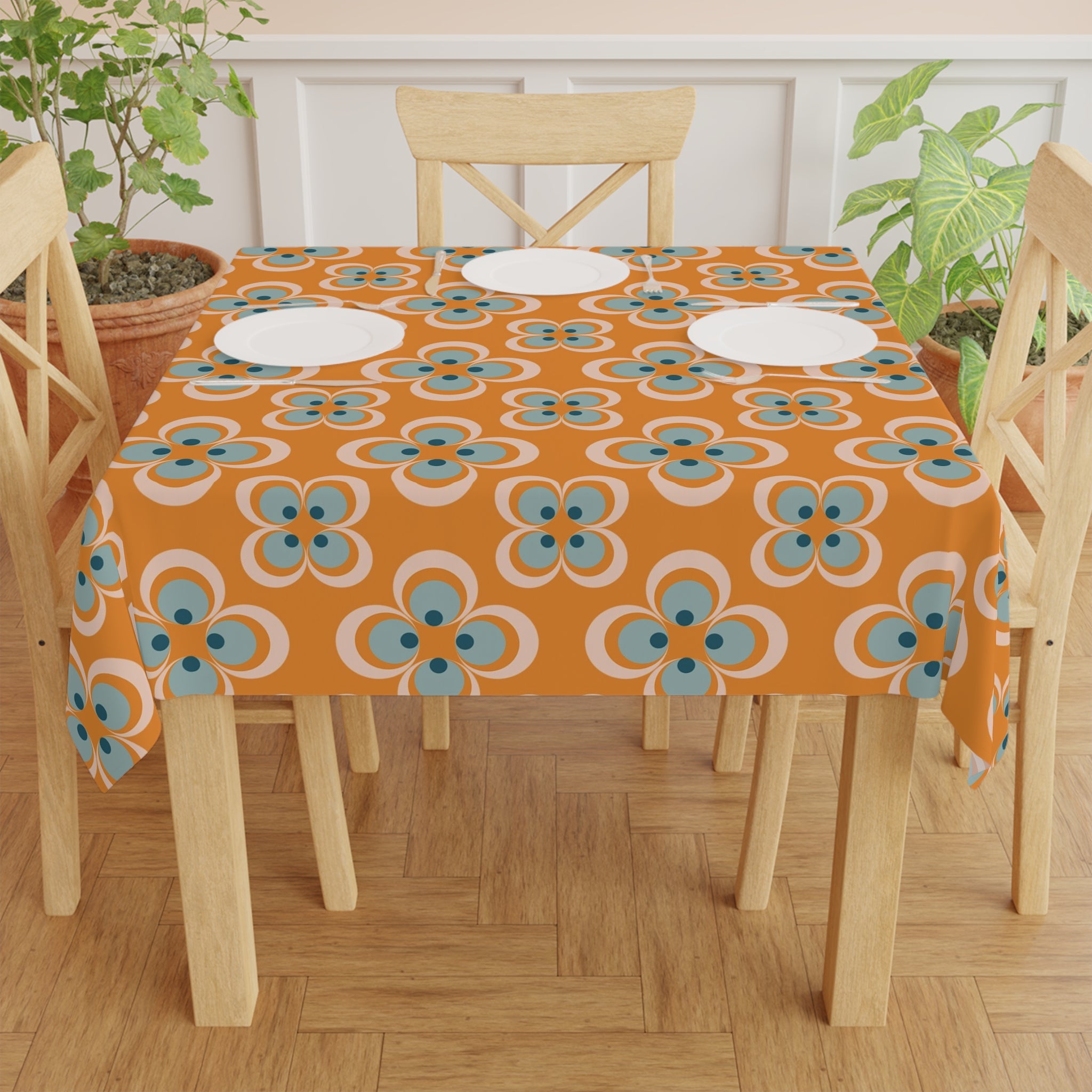 Mid Century Modern Scandinavian Designed Orange, Blue Mod Retro Tablecloth - Mid Century Modern Gal