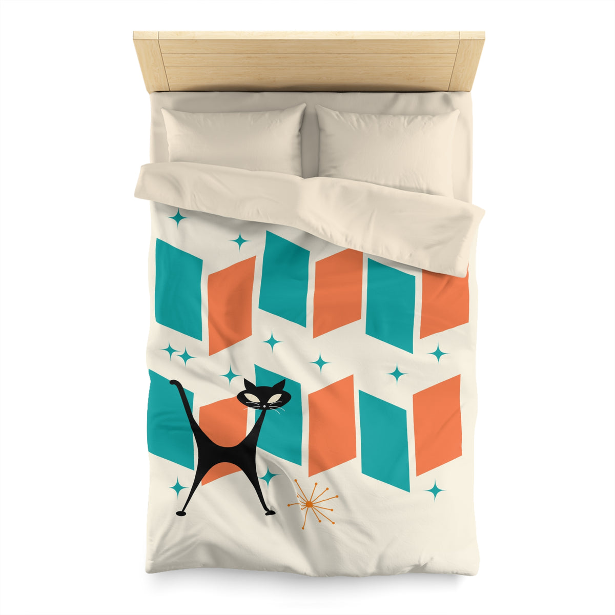 Mid Century Modern Orange, Teal, Retro Mod Duvet Cover With Atomic Cat Design - Mid Century Modern Gal