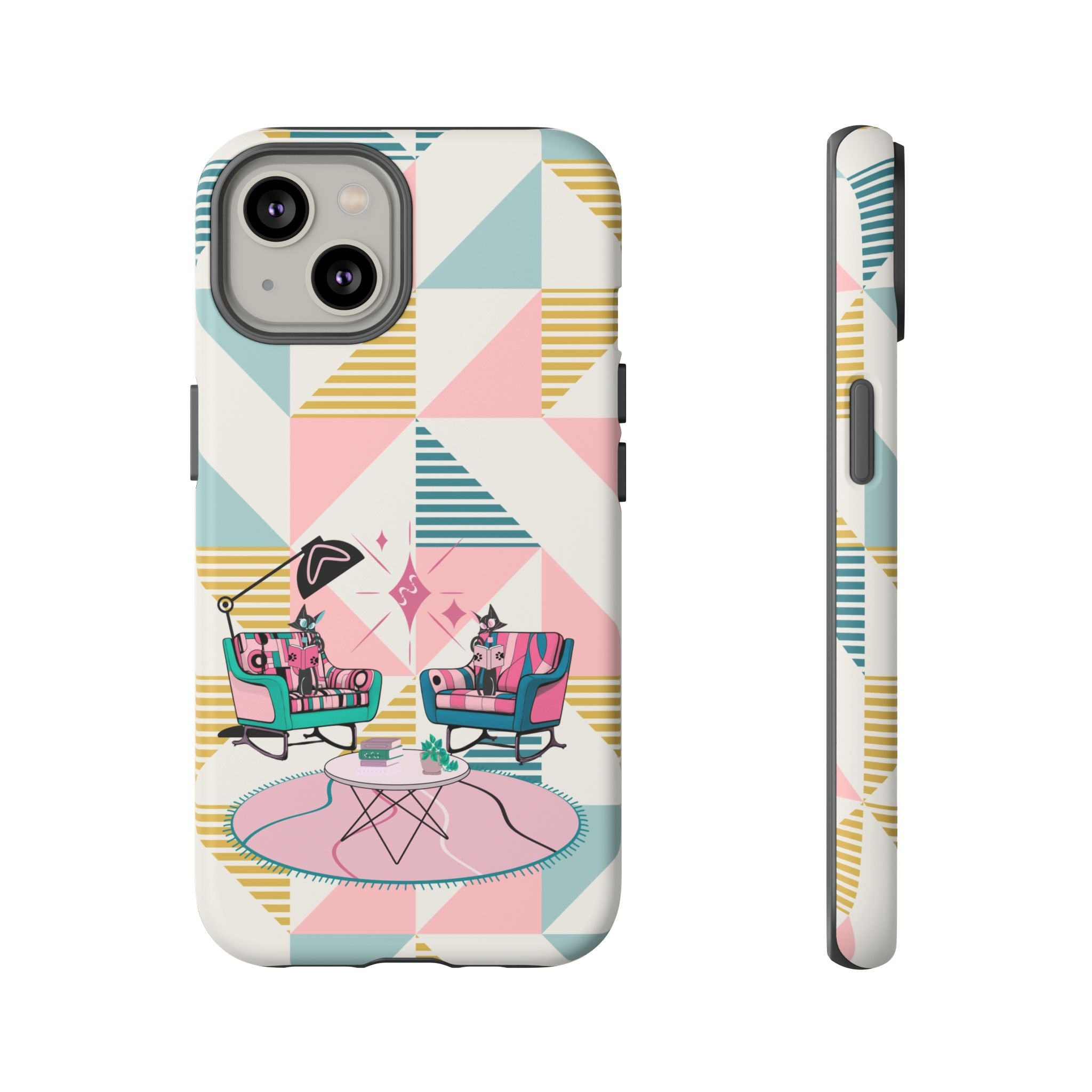 Atomic Cats Reading, Book Talk, Book Lover, Retro Chic Phone Case with Retro Vibe - Cozy Living Room Design - Mid Century Modern Gal