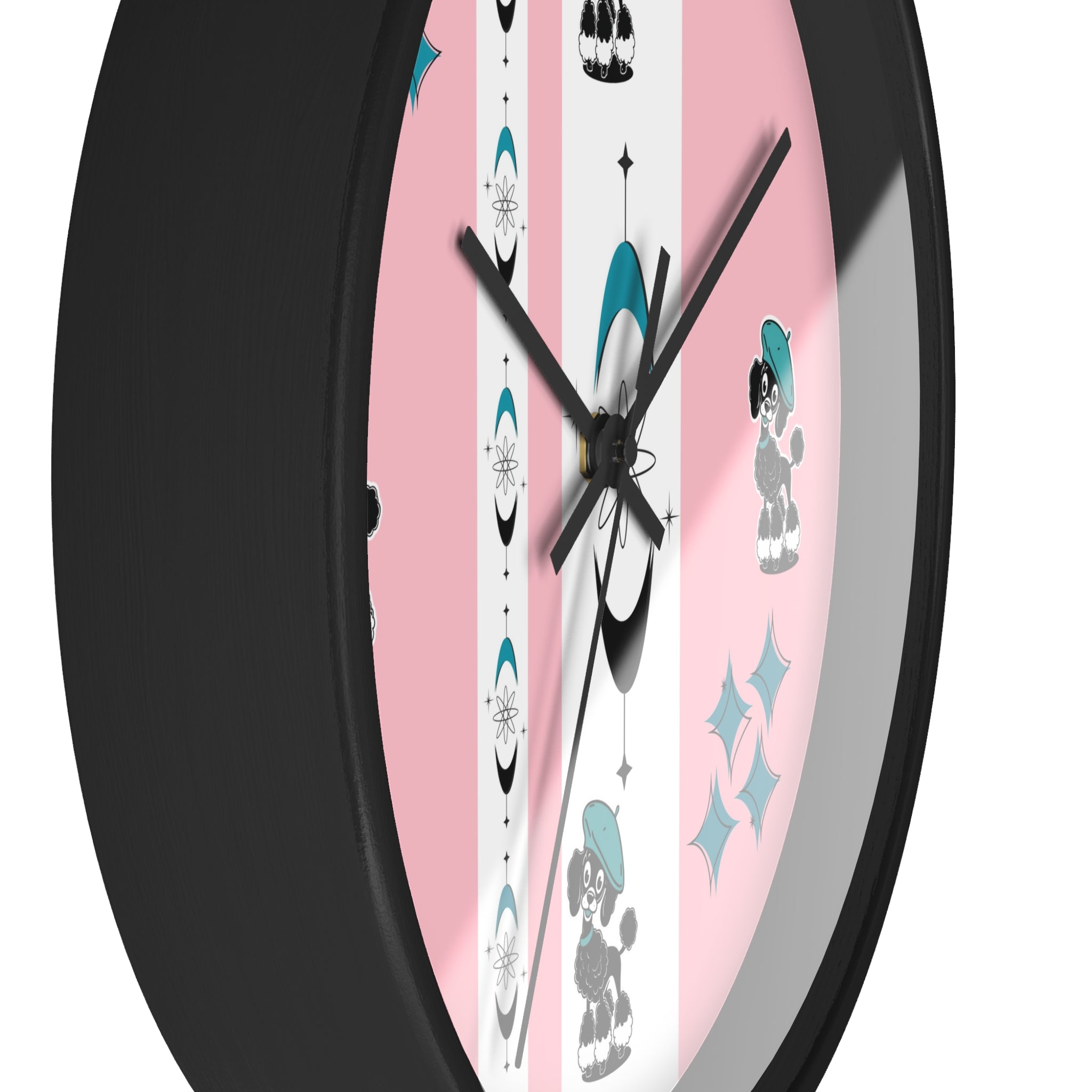 Mid Century Modern Atomic Pink Starburst Wall Clock with Cute Retro Mod Poodle Design - Mid Century Modern Gal