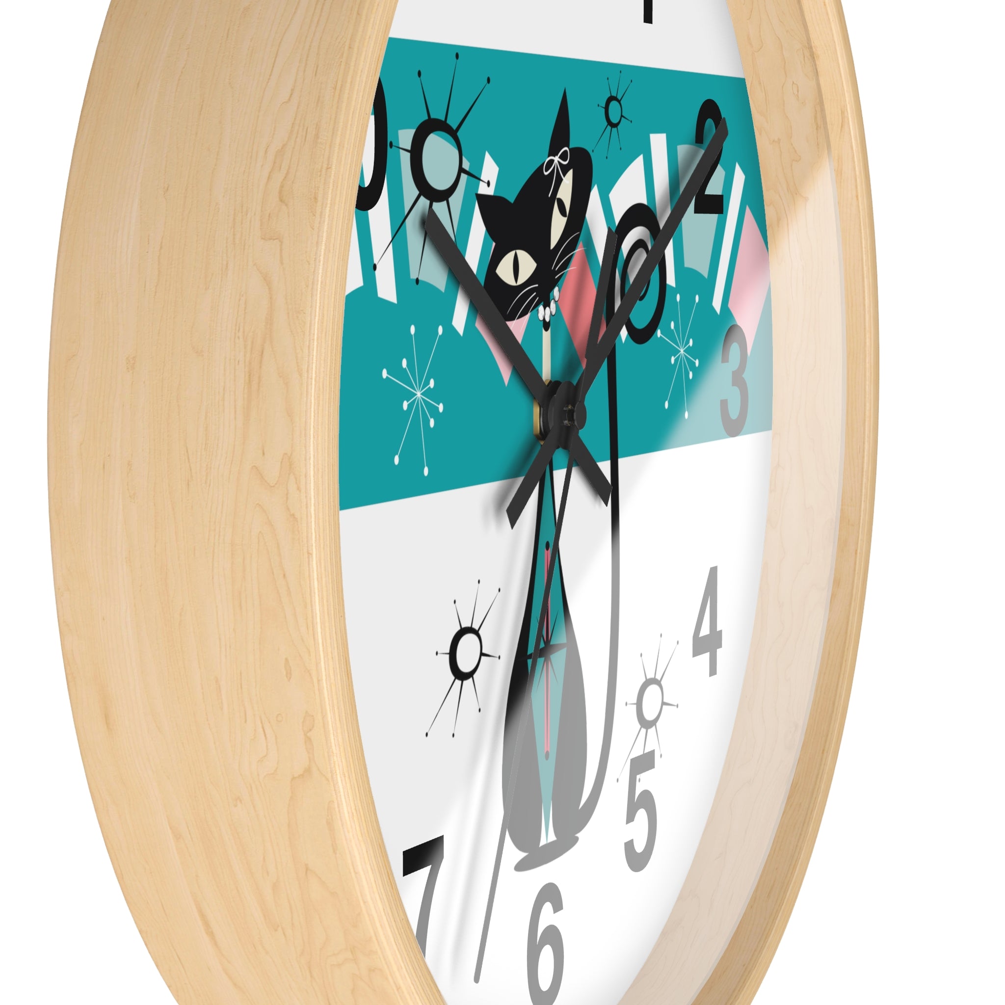 Atomic Cat, Kitschy Retro Mod Minimalist Kitchen, Office, Laundry Room Round Wall Clock - Mid Century Modern Gal