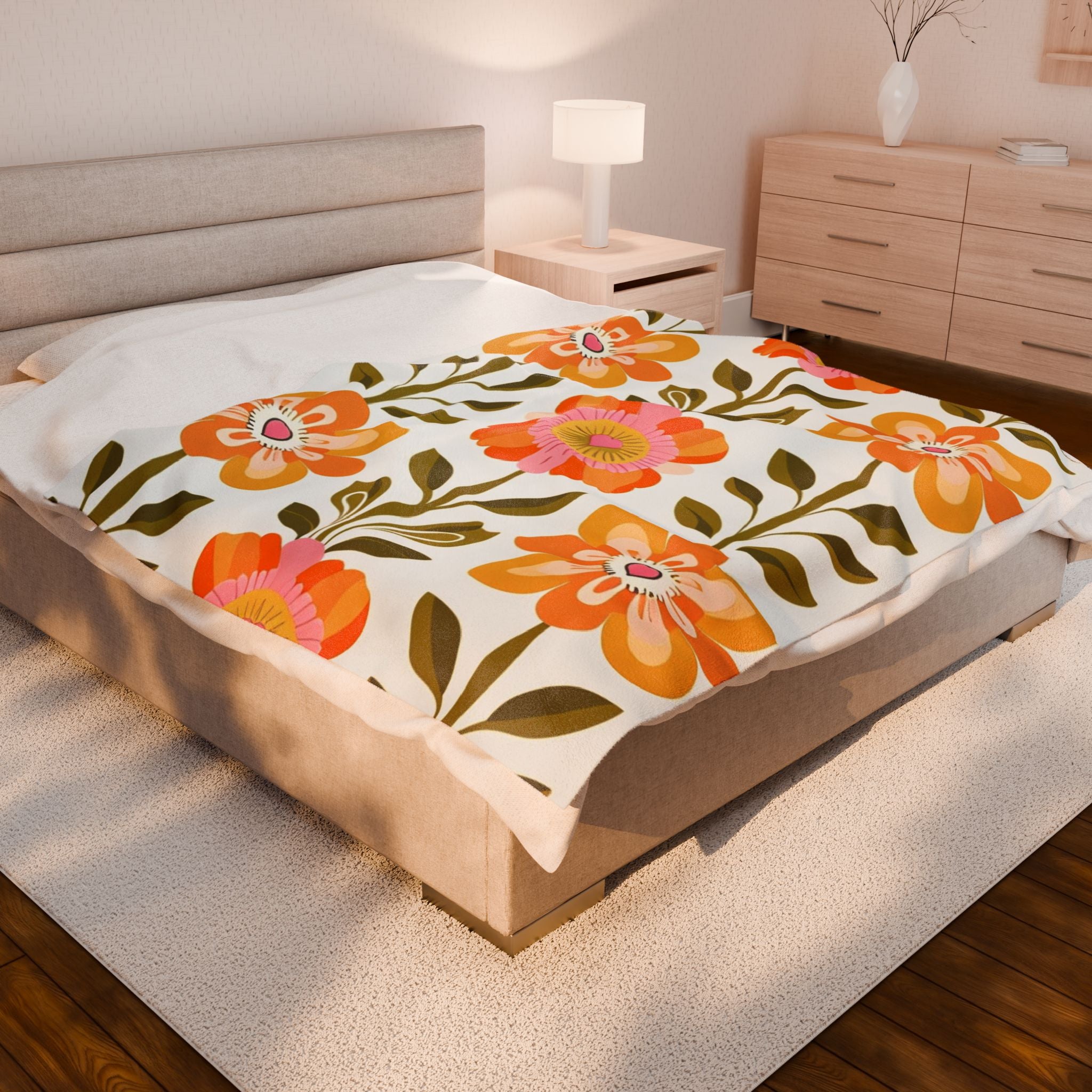 Scandinavian Mid Century Modern Floral Velveteen Plush Blanket - Cozy, Soft Throw for Home Decor & Gift Giving - Mid Century Modern Gal