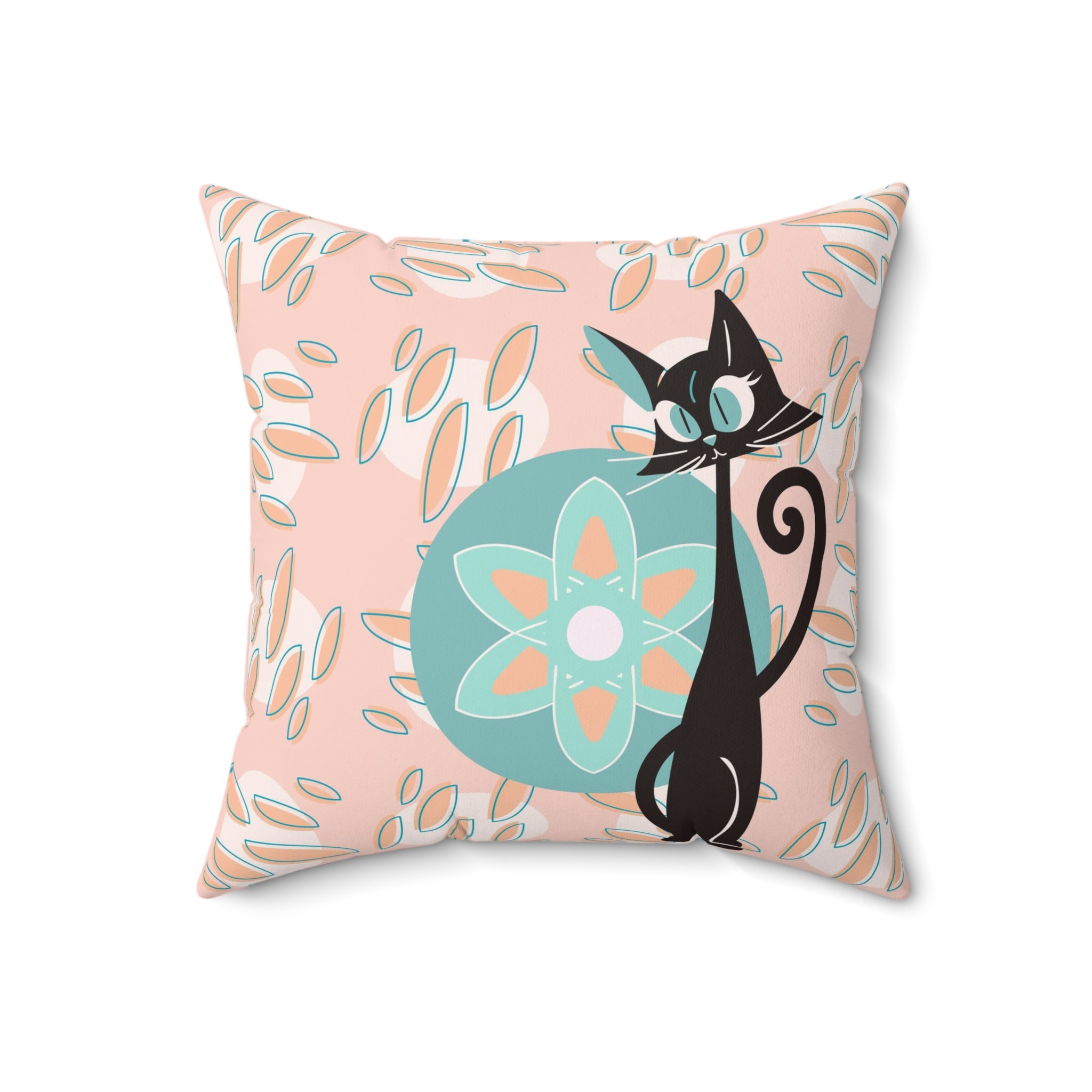 Atomic Cat, Groovy Retro Mid Century Modern Coral Pink, Blue, Orange, Hipster Pillow And Insert - Mid Century Modern Gal