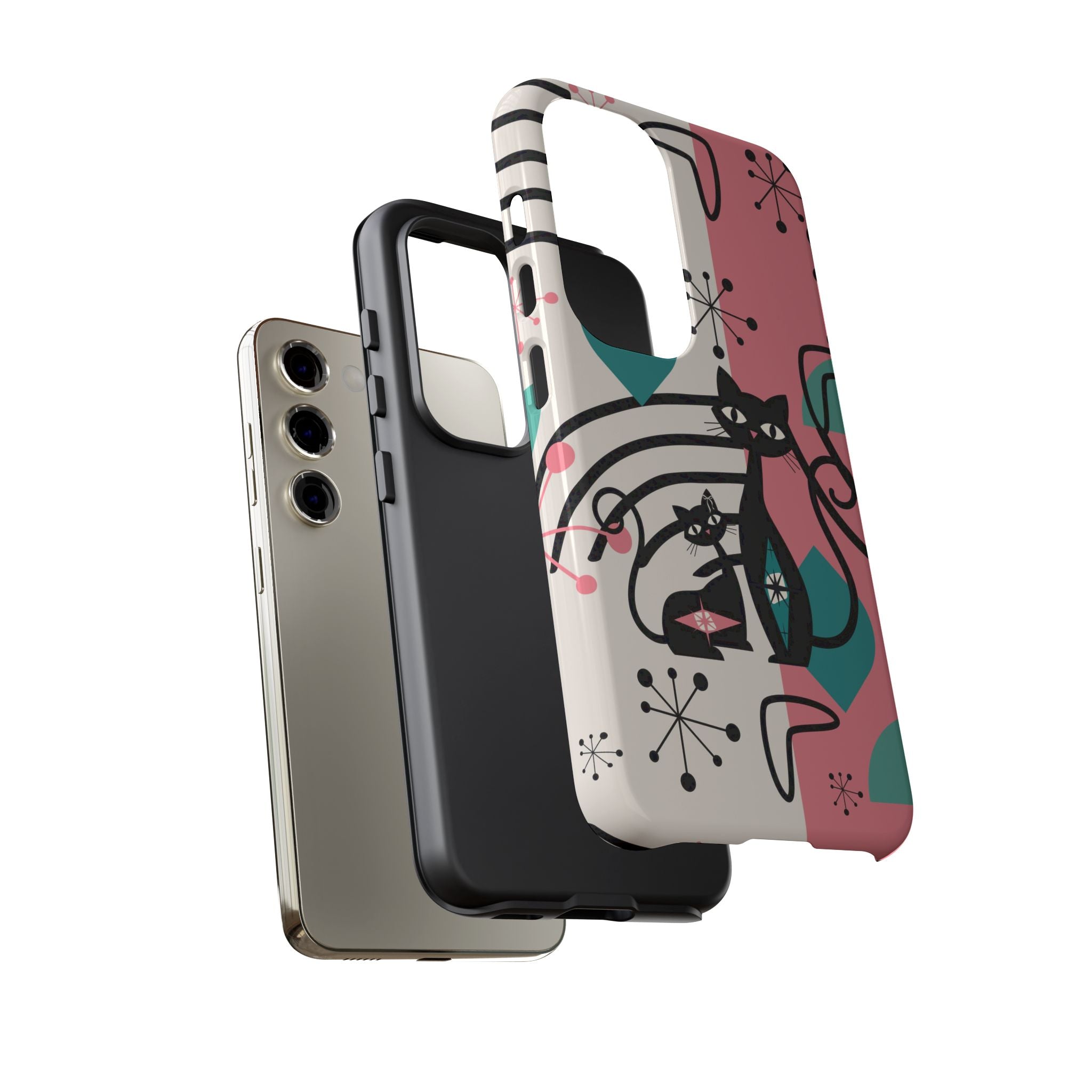 Mid Mod Atomic Cat Boomerang Starburst, Pink, Black Kitschy Stylish Cat Phone Case: Modern Design for Cat Lovers