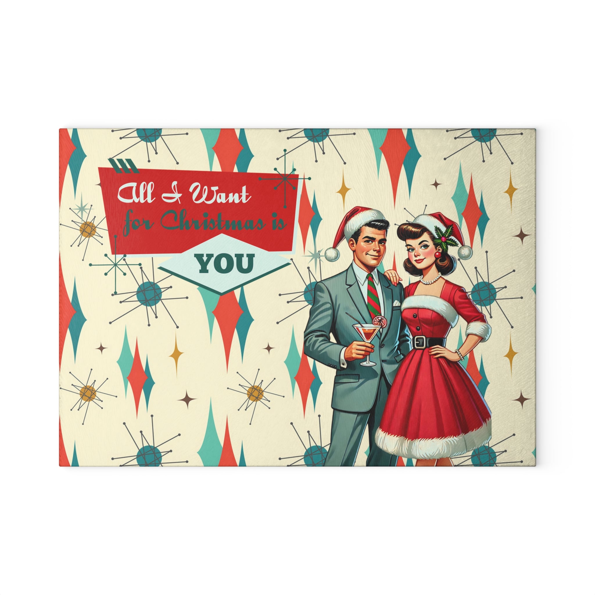 Mid Century Christmas Kitschy 50s Style Cheese Board, Holiday MCM Barware Glass Cutting Board - Mid Century Modern Gal