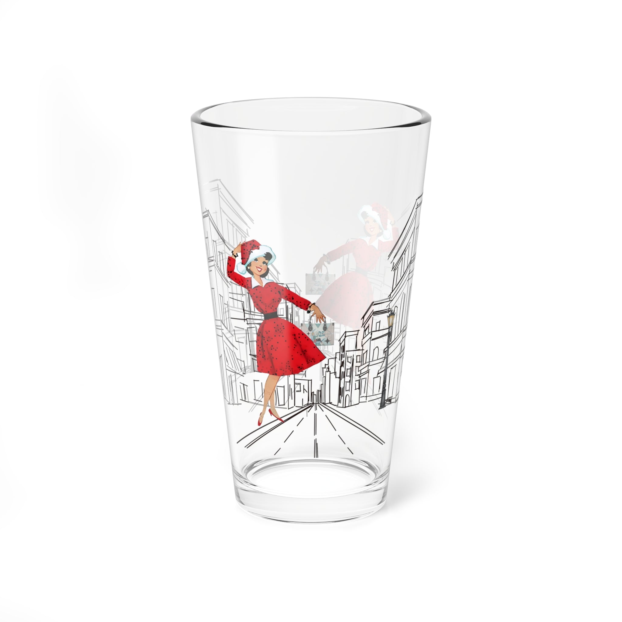 Mid Century Modern Christmas Kitsch Mod City Gal Charming 16oz Mixing Glass with Vintage Street Design - Mid Century Modern Gal